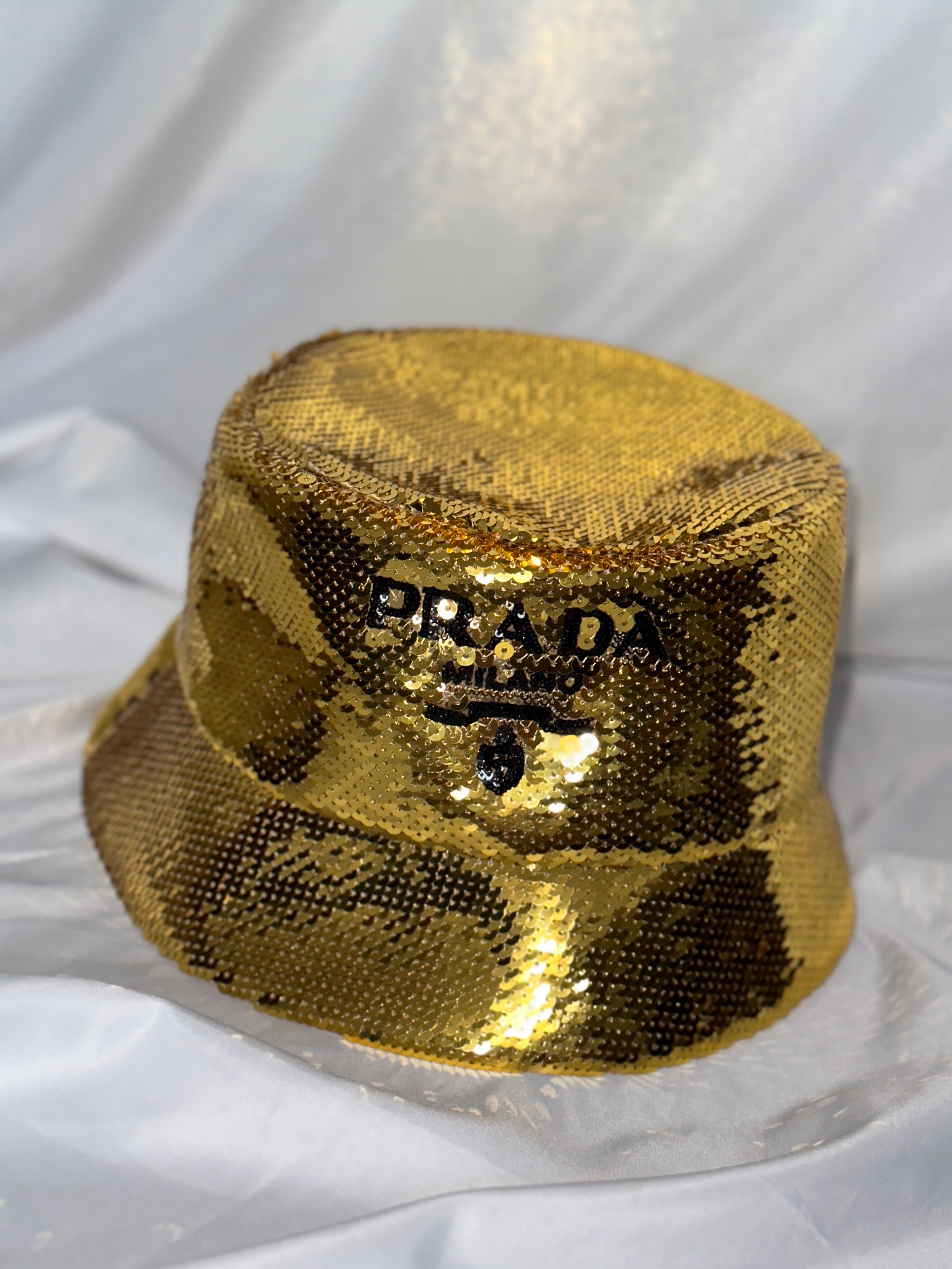 Prada Gold Sequinned Logo Bucket Hat silk/viscose