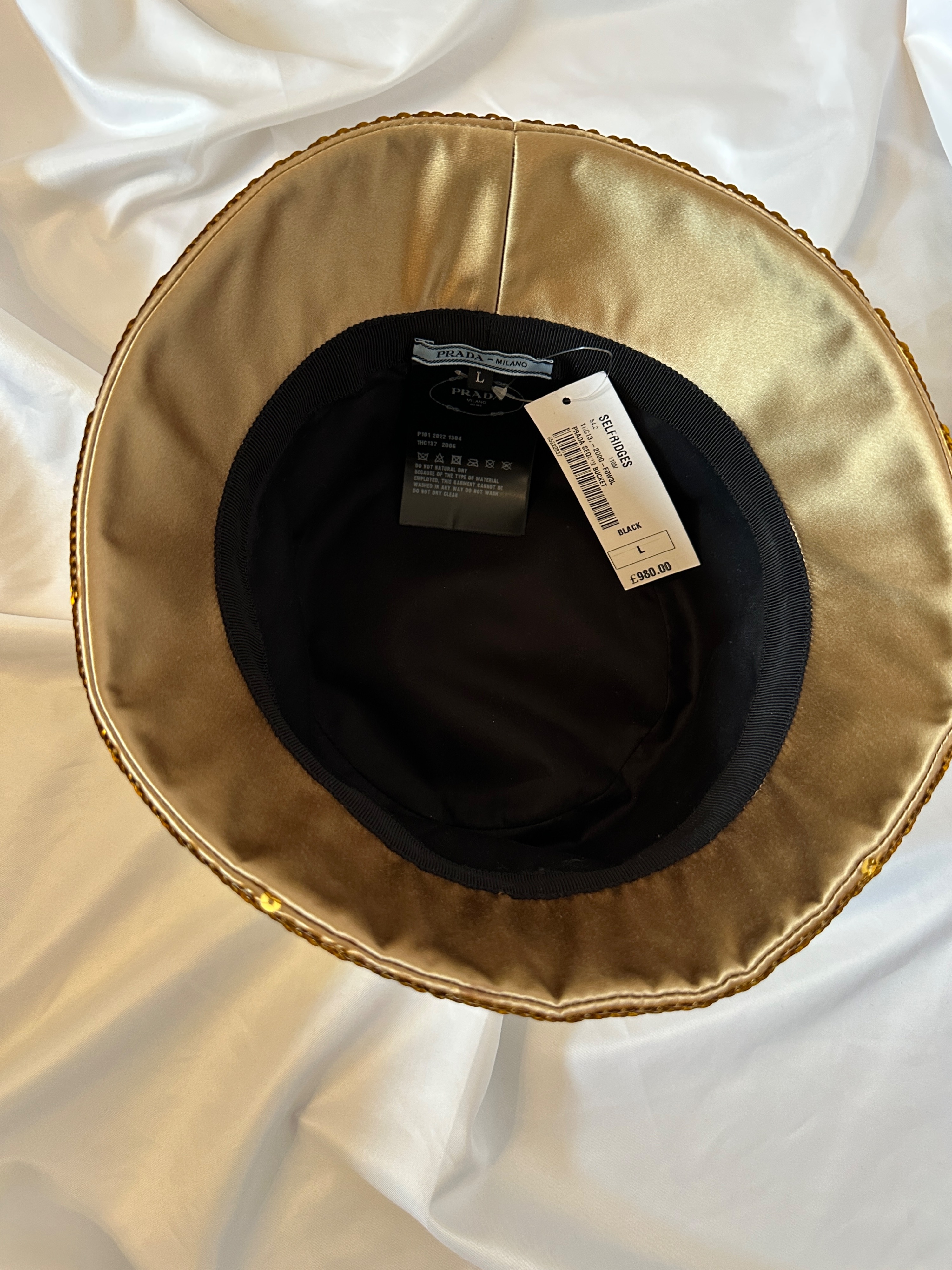 Prada Gold Sequinned Logo Bucket Hat silk/viscose