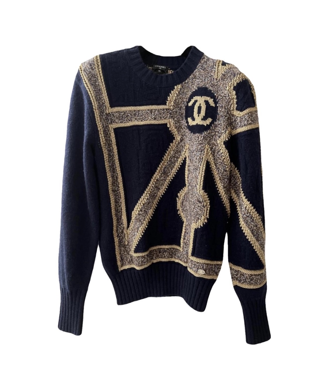 Preowned Chanel Navy Printed Cashmere Blend Sweater Size S Blue gold cashmere mix