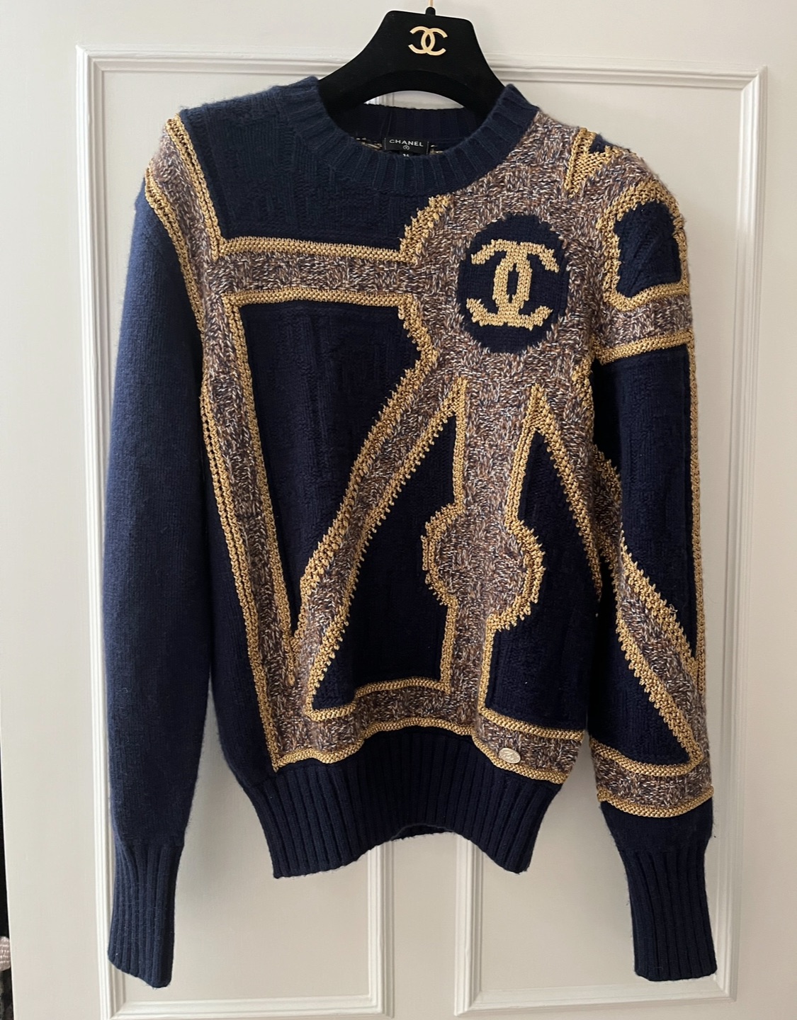 Preowned Chanel Navy Printed Cashmere Blend Sweater Size S Blue gold cashmere mix