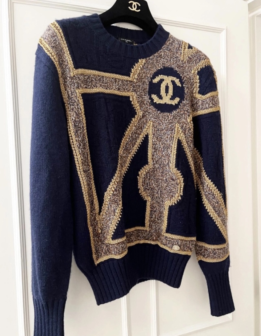 Preowned Chanel Navy Printed Cashmere Blend Sweater Size S Blue gold cashmere mix