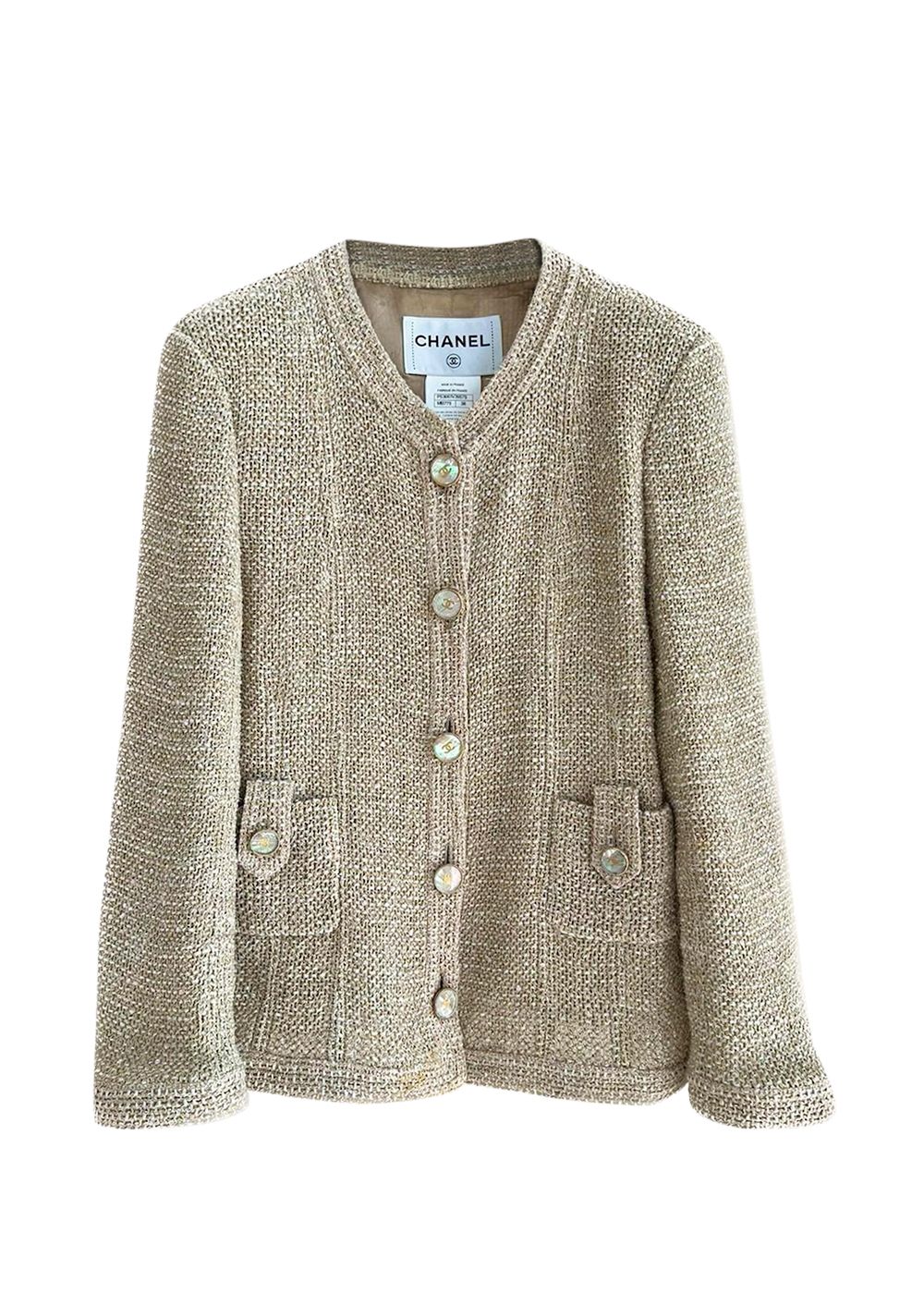 Preowned Chanel Beige Woven Single Breasted Jacket Size S linen wool mix