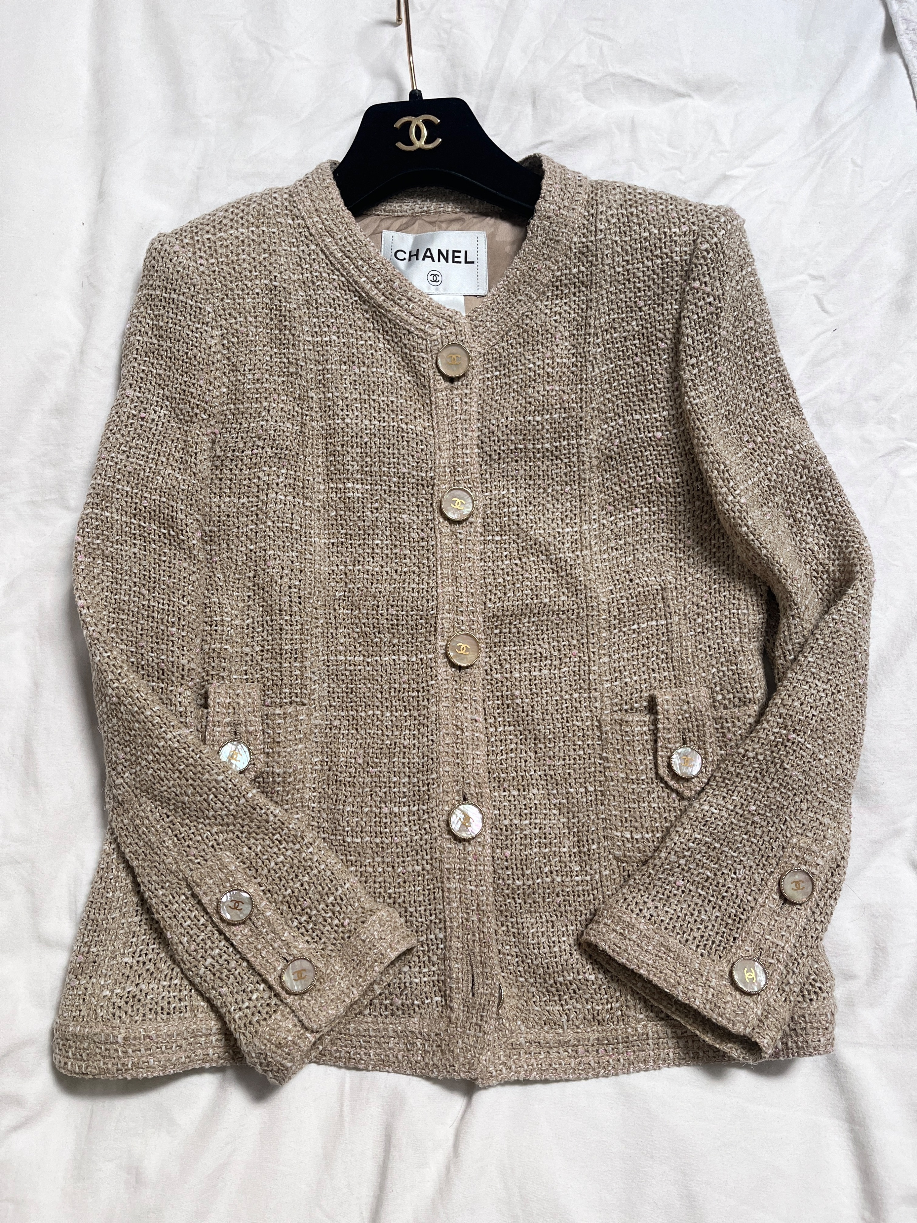 Preowned Chanel Beige Woven Single Breasted Jacket Size S linen wool mix