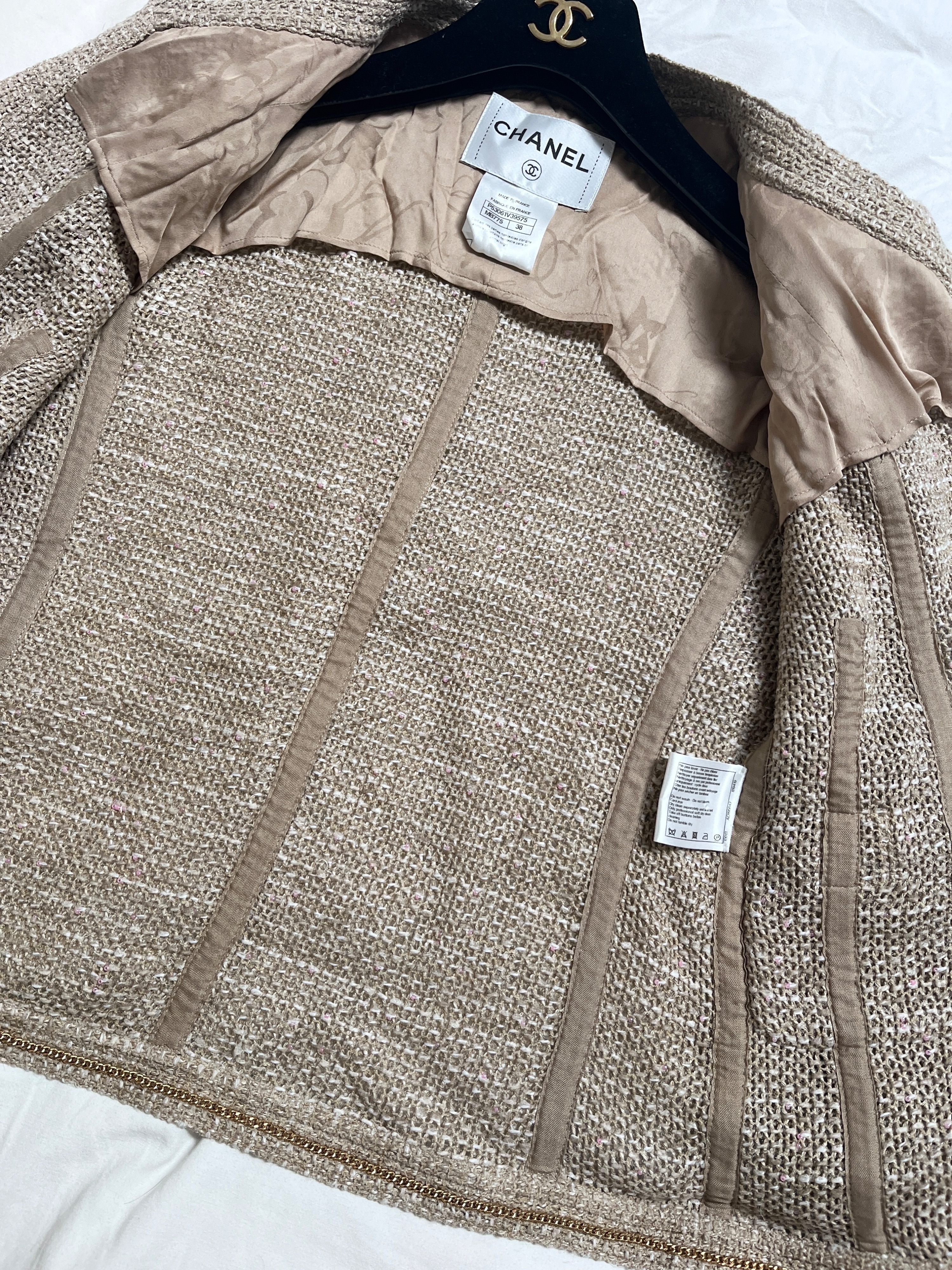 Preowned Chanel Beige Woven Single Breasted Jacket Size S linen wool mix