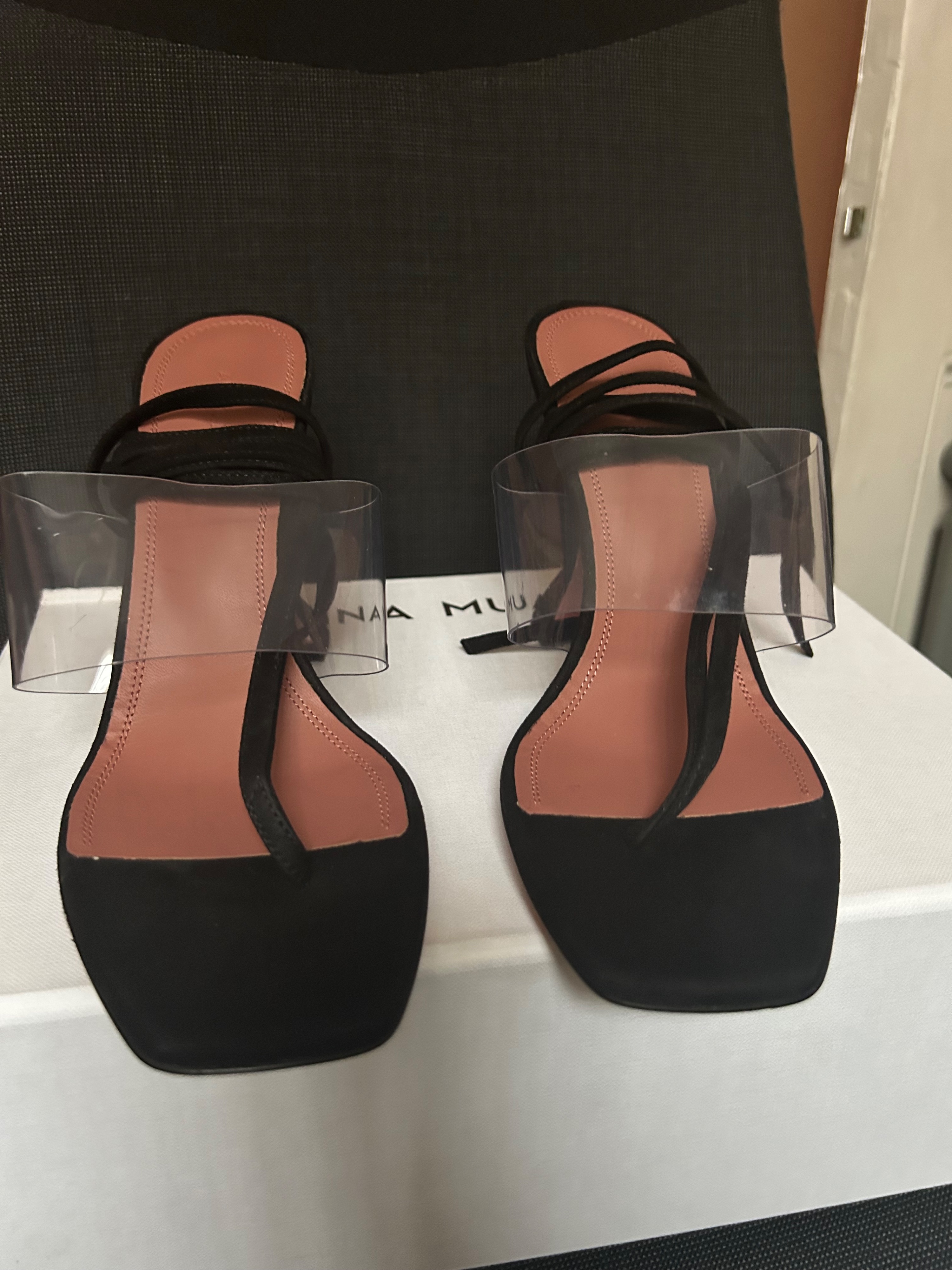 Amina Muaddi Black Suede Zula 95 PVC Thong Sandals Size 38 suede/plastic