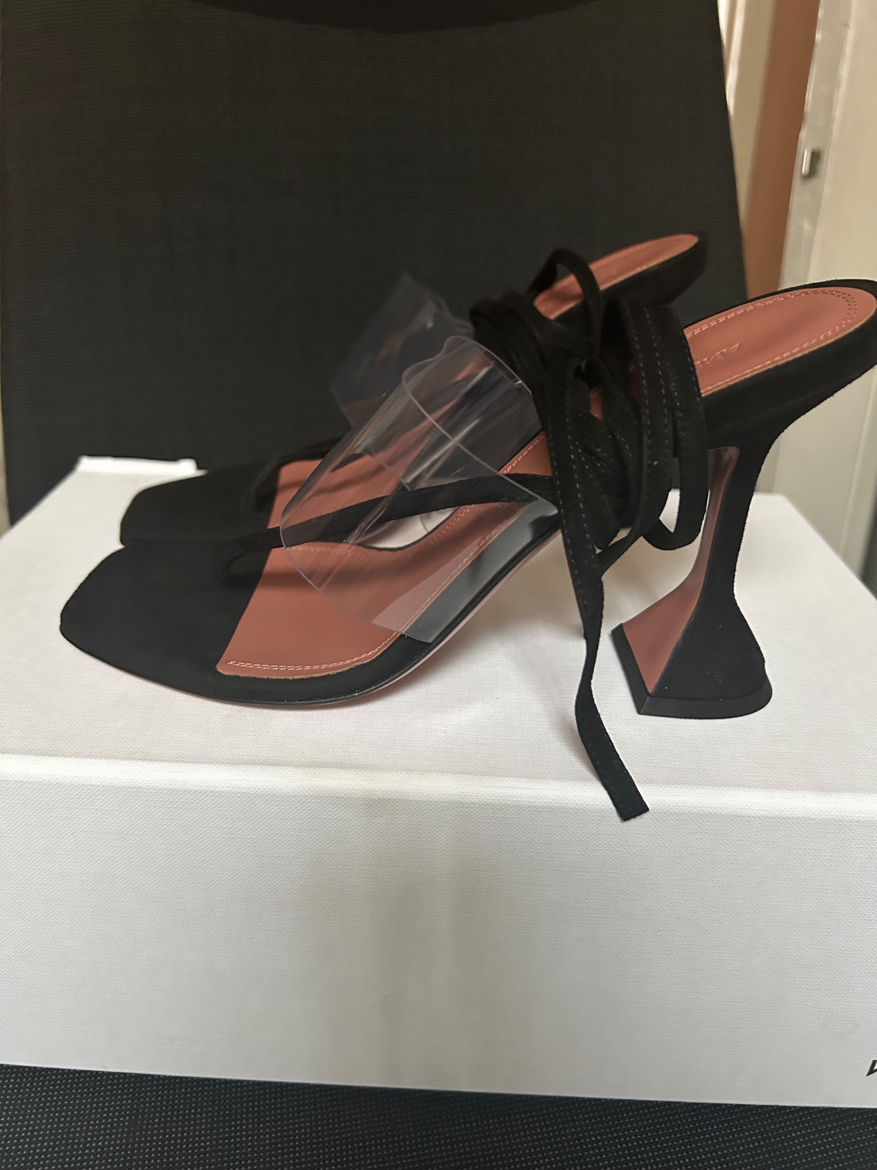 Amina Muaddi Black Suede Zula 95 PVC Thong Sandals Size 38 suede/plastic