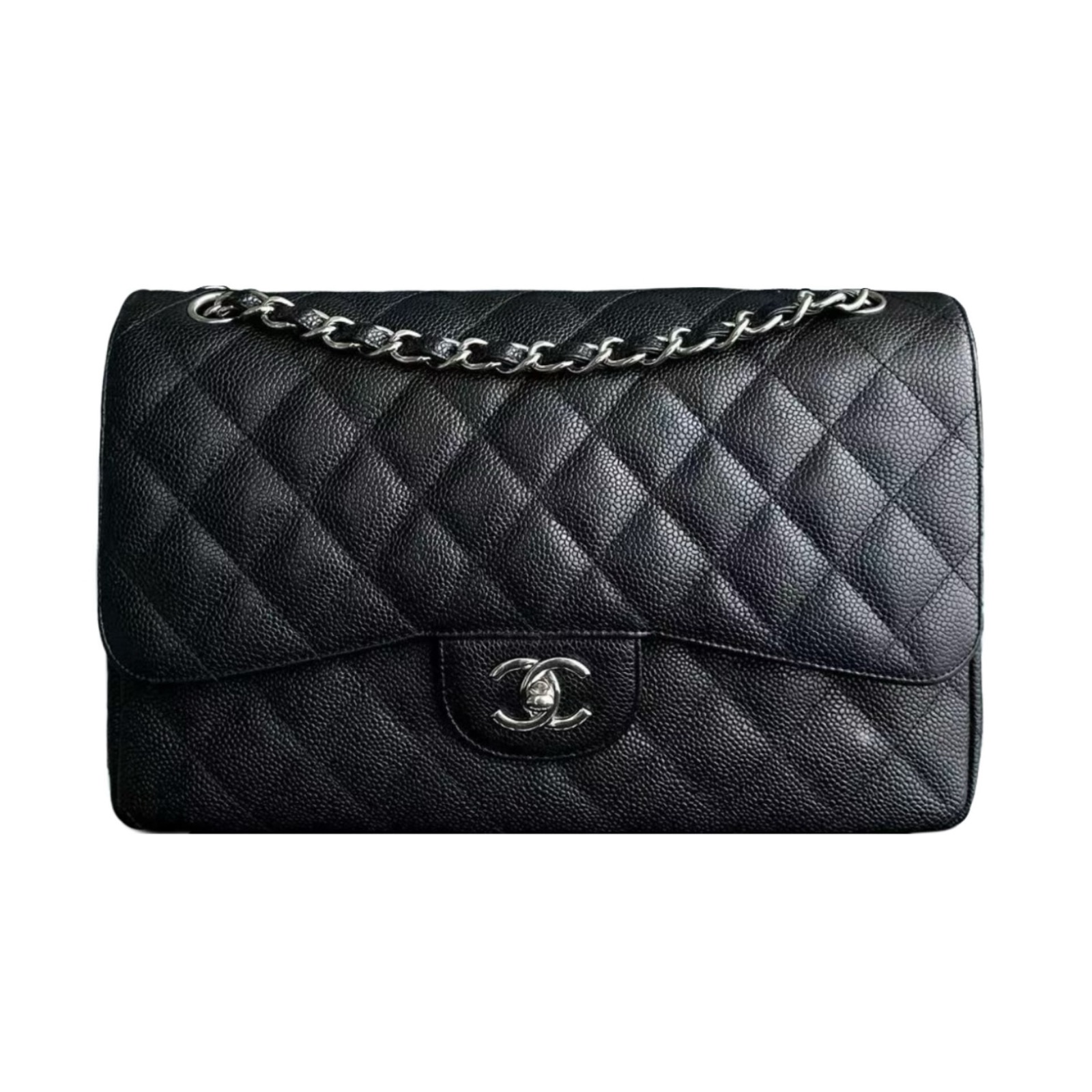 Chanel Black Jumbo Classic  Quilted Caviar Double Flap Bag leather