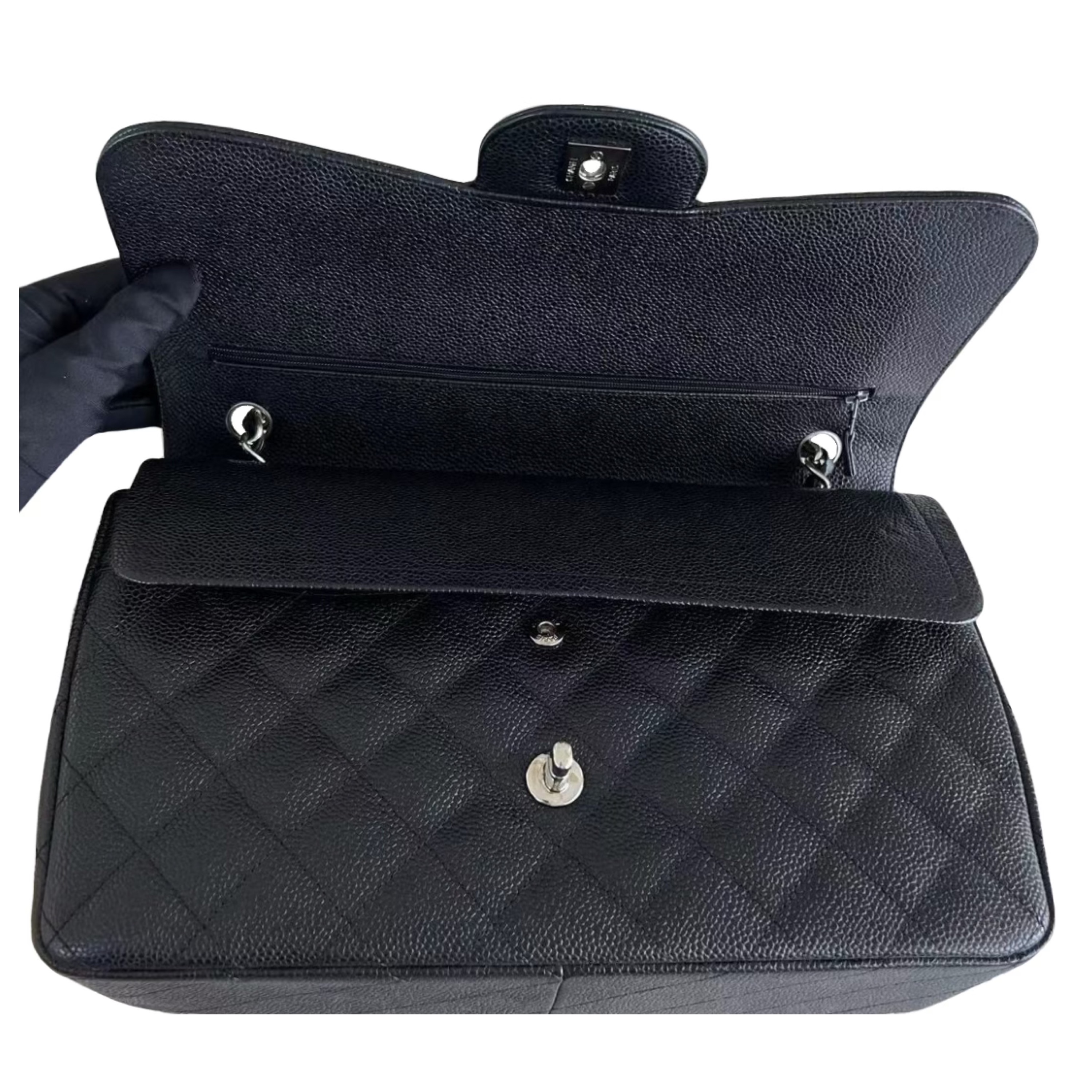 Chanel Black Jumbo Classic  Quilted Caviar Double Flap Bag leather