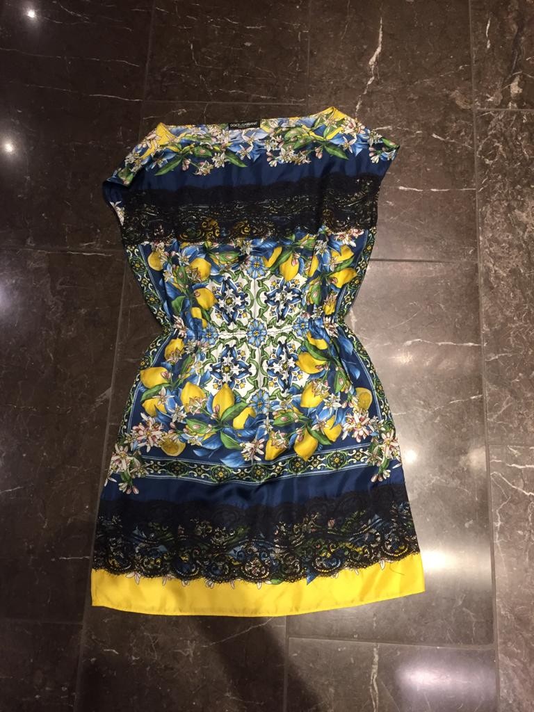 Preowned Dolce  Gabbana Lemon Mosaic Printed Silk Lace Trim Tunic Dress Animal Print