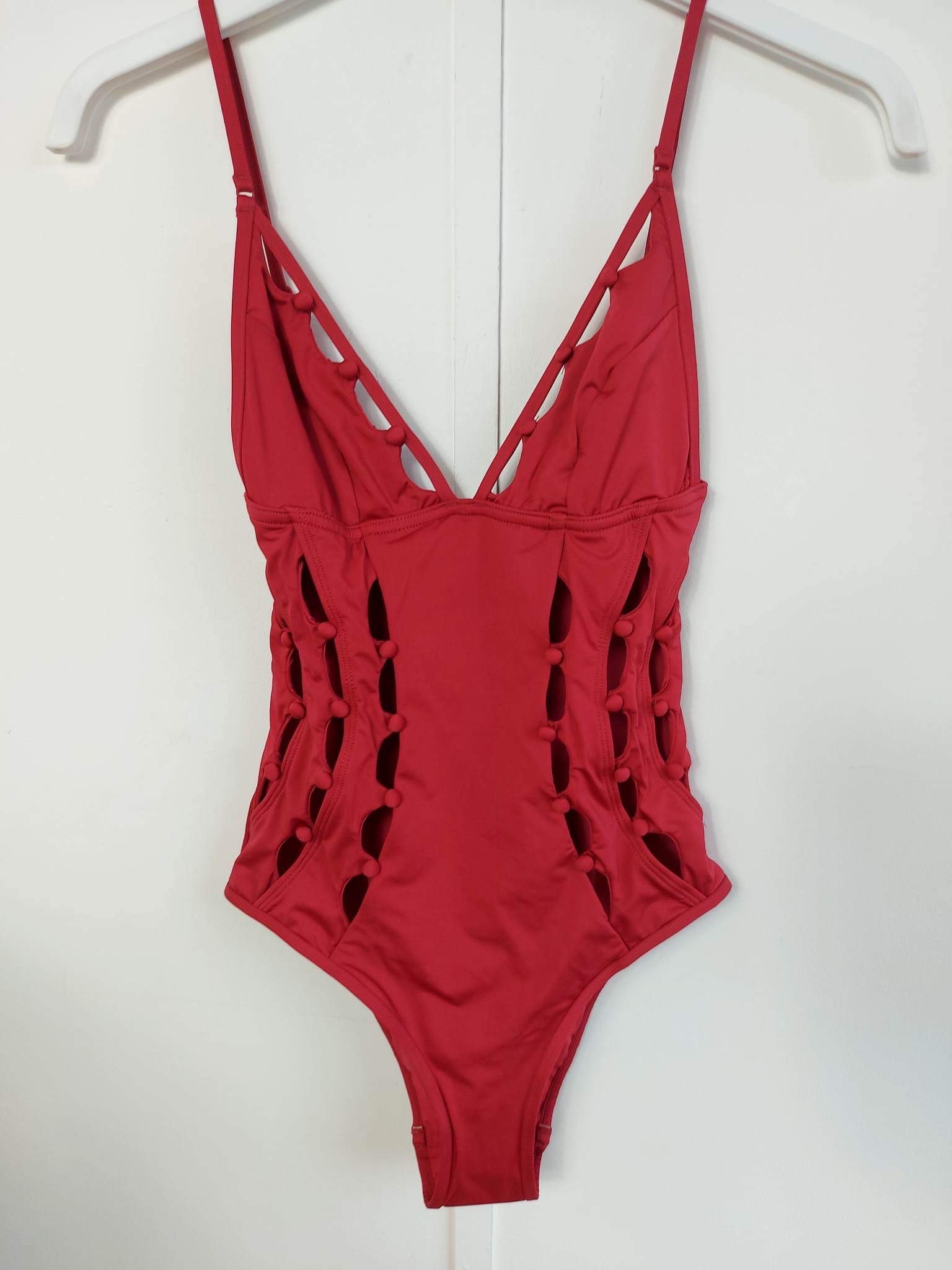 Zimmermann Goldie Crescent button-embellished cutout swimsuit Size S Red polyamide