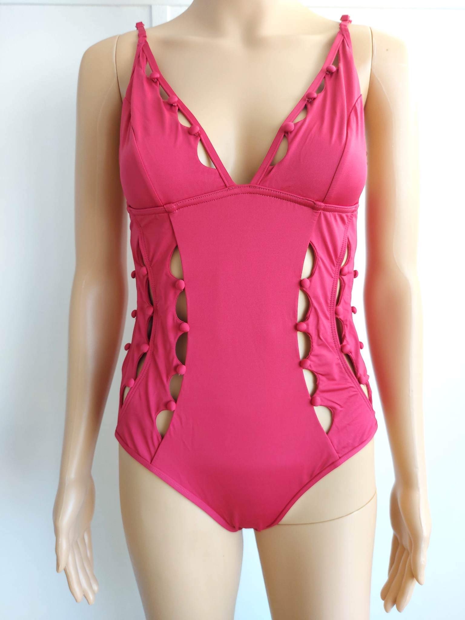 Zimmermann Goldie Crescent button-embellished cutout swimsuit Size S Red polyamide