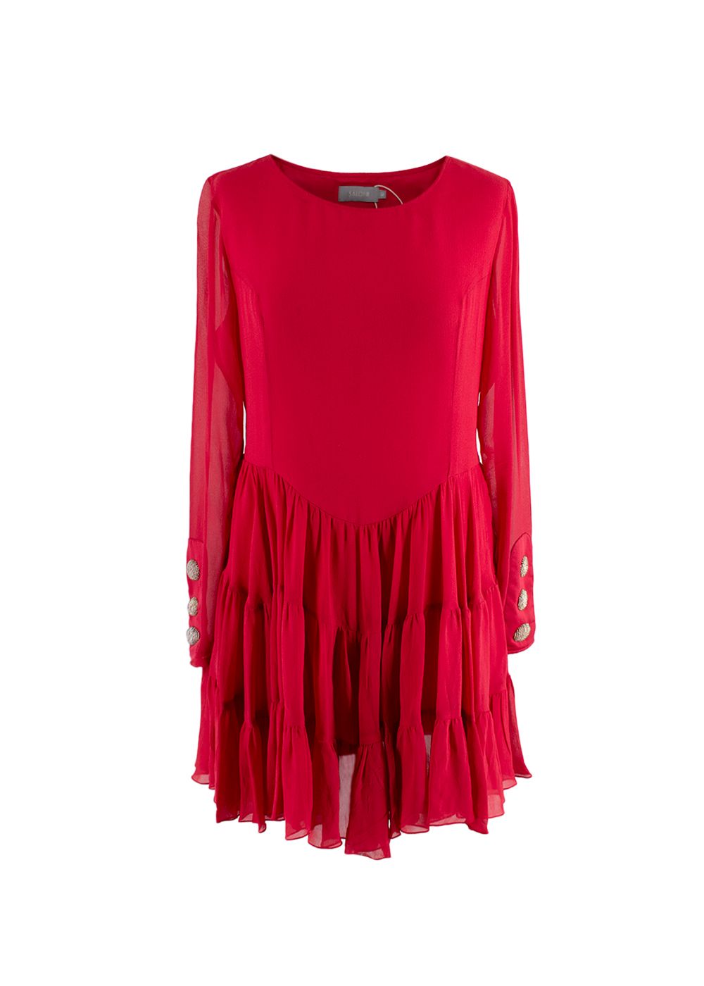 Preowned Saloni Red Silk Ruffled Long Sleeved Dress Size S