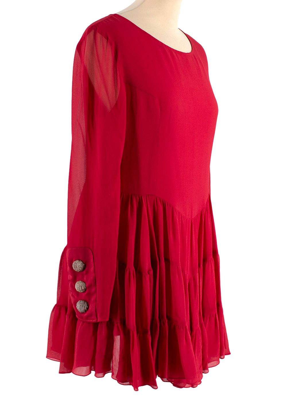 Preowned Saloni Red Silk Ruffled Long Sleeved Dress Size S