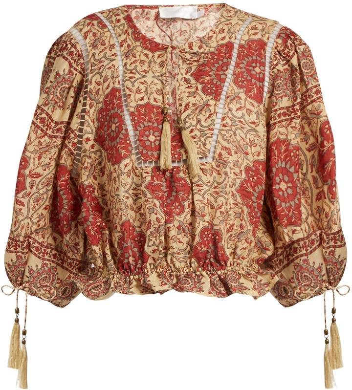 Preowned Zimmermann Tulsi Printed Linen Cropped Blouse Size M Beige/Red