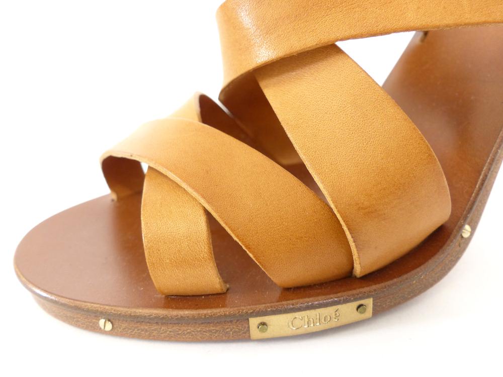 Chloe Gladiator Camel Leather Heeled Sandals Size 375