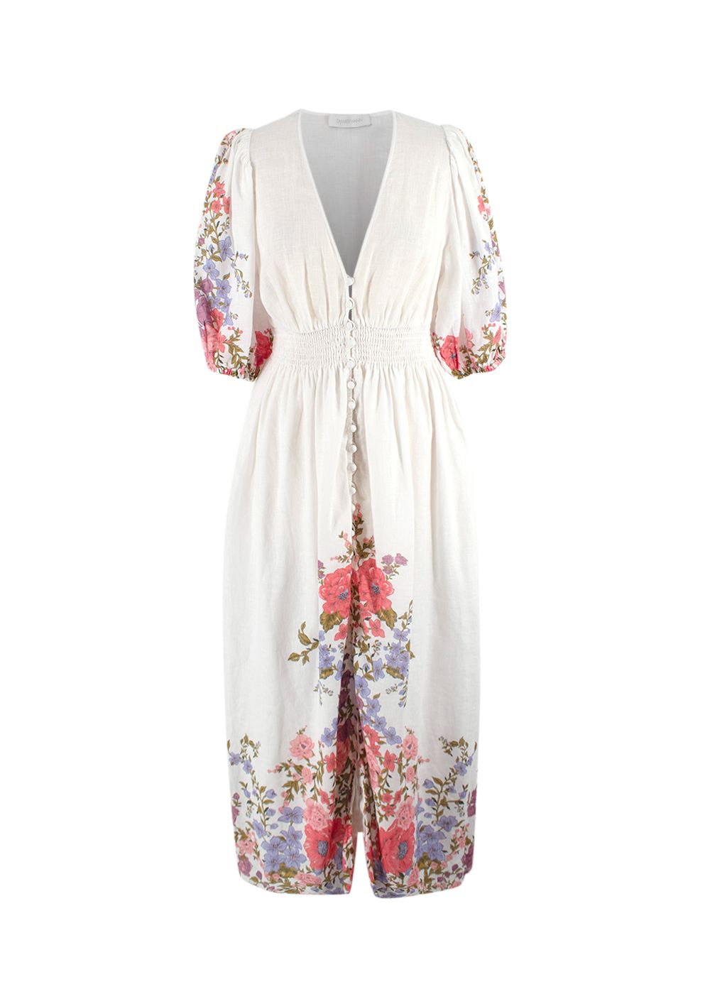 Preowned Zimmermann Zimmerman White Poppy Floral-Print Linen Dress Size M