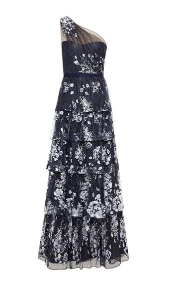 Notte by Marchesa One-shoulder embellished tiered tulle gown Size 36 navy acryl