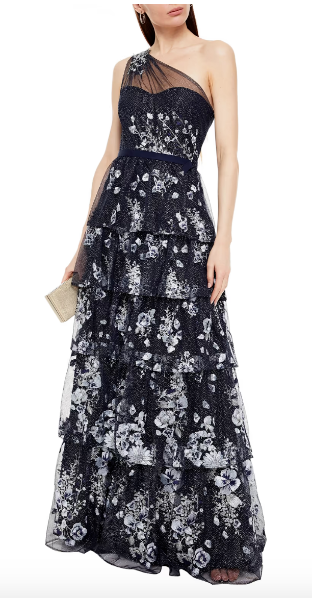 Notte by Marchesa One-shoulder embellished tiered tulle gown Size 36 navy acryl