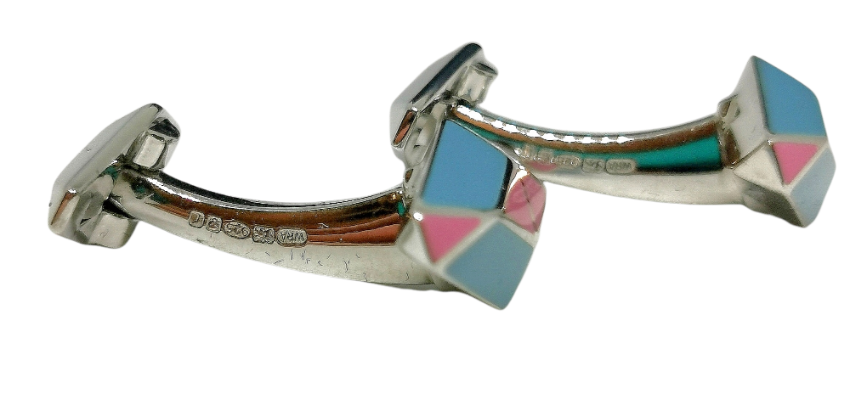 Men's William  Son Pink  Blue Enamel Sterling Silver Cufflinks