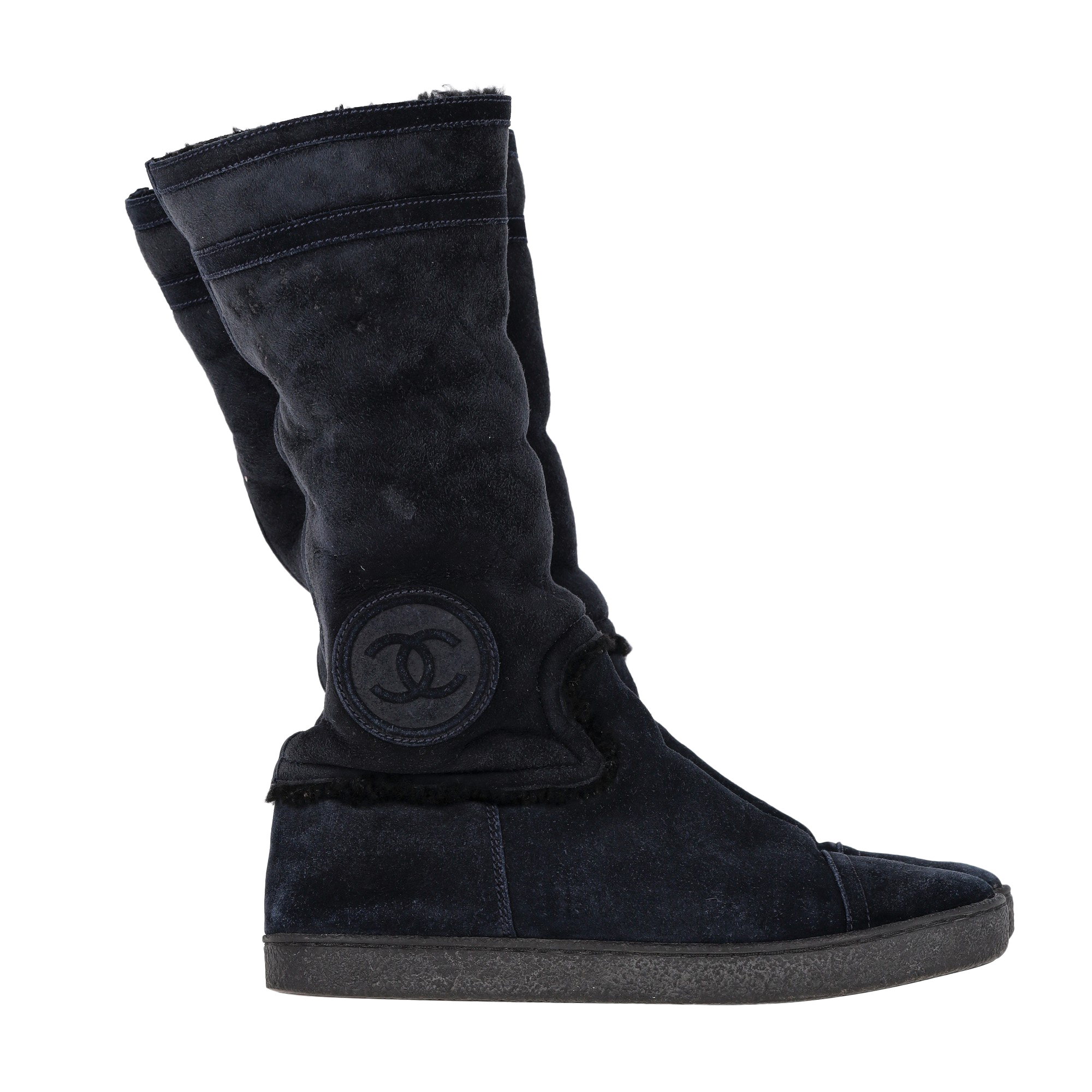 Preowned Chanel Navy CC Logo Shearling Boots Size 36 black fur/raccoon fur