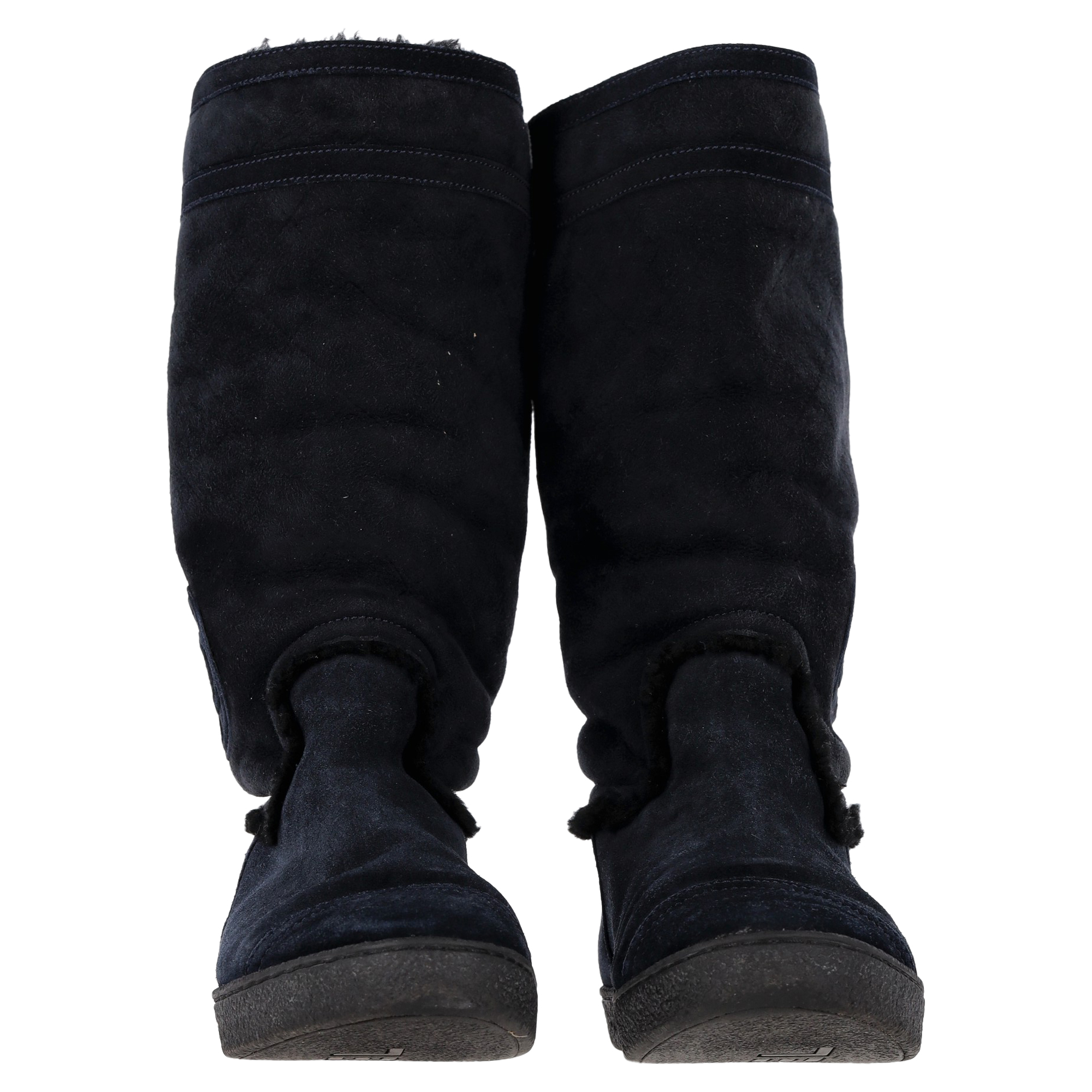 Preowned Chanel Navy CC Logo Shearling Boots Size 36 black fur/raccoon fur