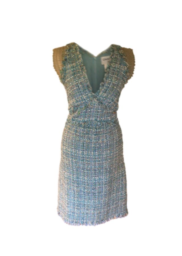 Preowned Chanel Green Tweed V-Neck Mini Dress Size S mixed