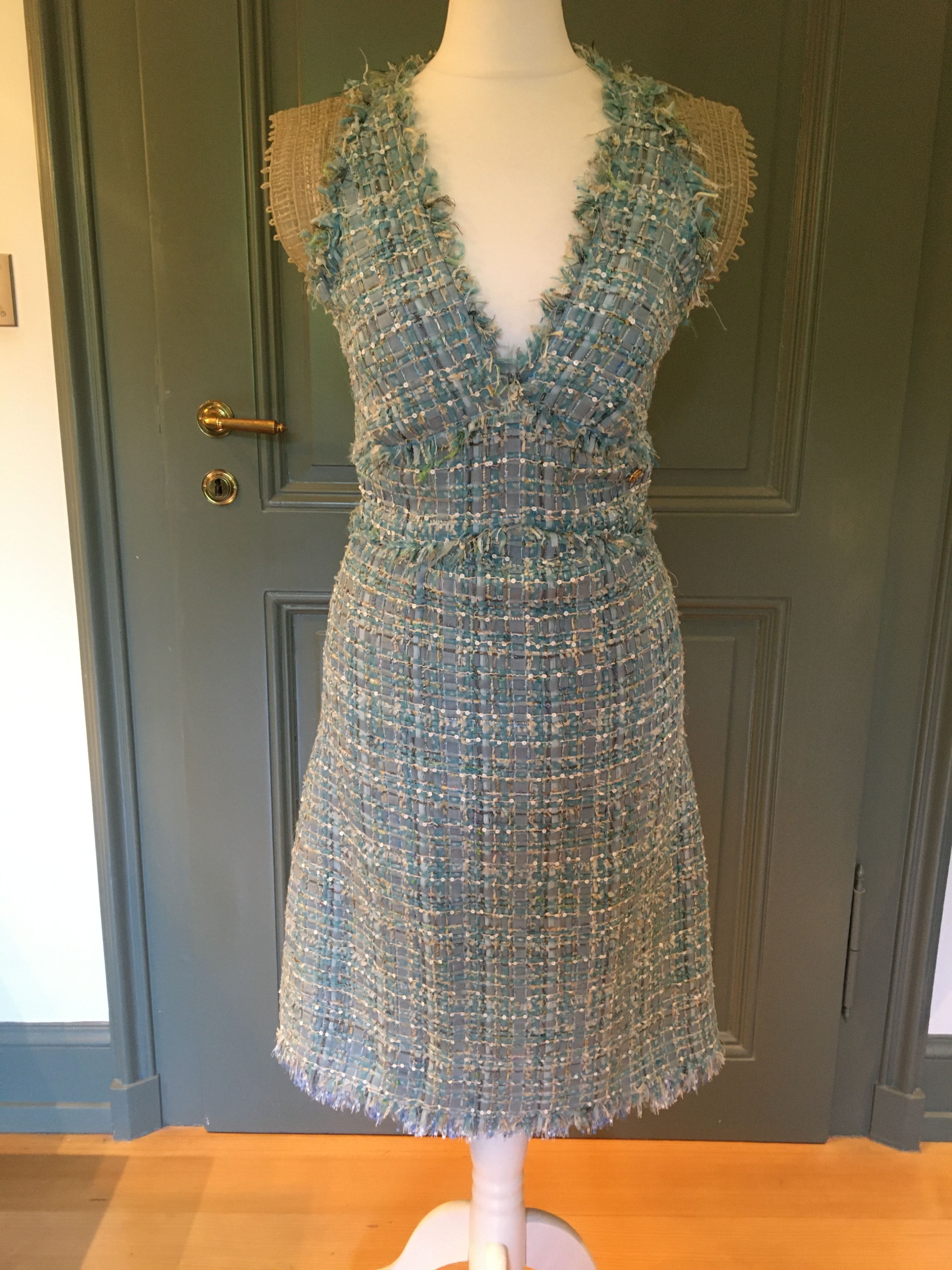 Preowned Chanel Green Tweed V-Neck Mini Dress Size S mixed