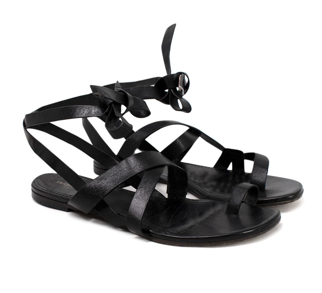 Preowned Emilio Pucci Black Leather Wrap Around Flat Sandals Size 385