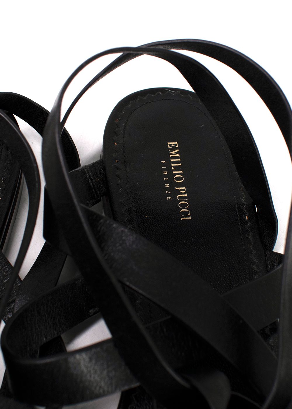 Preowned Emilio Pucci Black Leather Wrap Around Flat Sandals Size 385