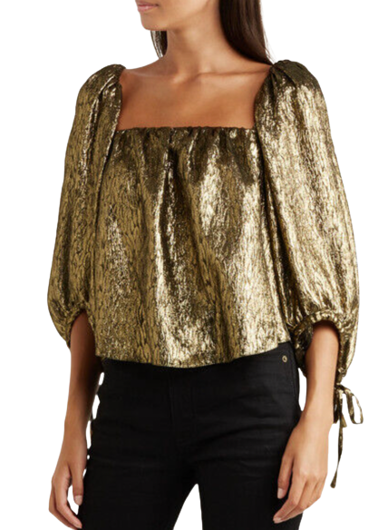 Preowned Saint Laurent Metallic Jacquard Silk Blouse Size XS Gold