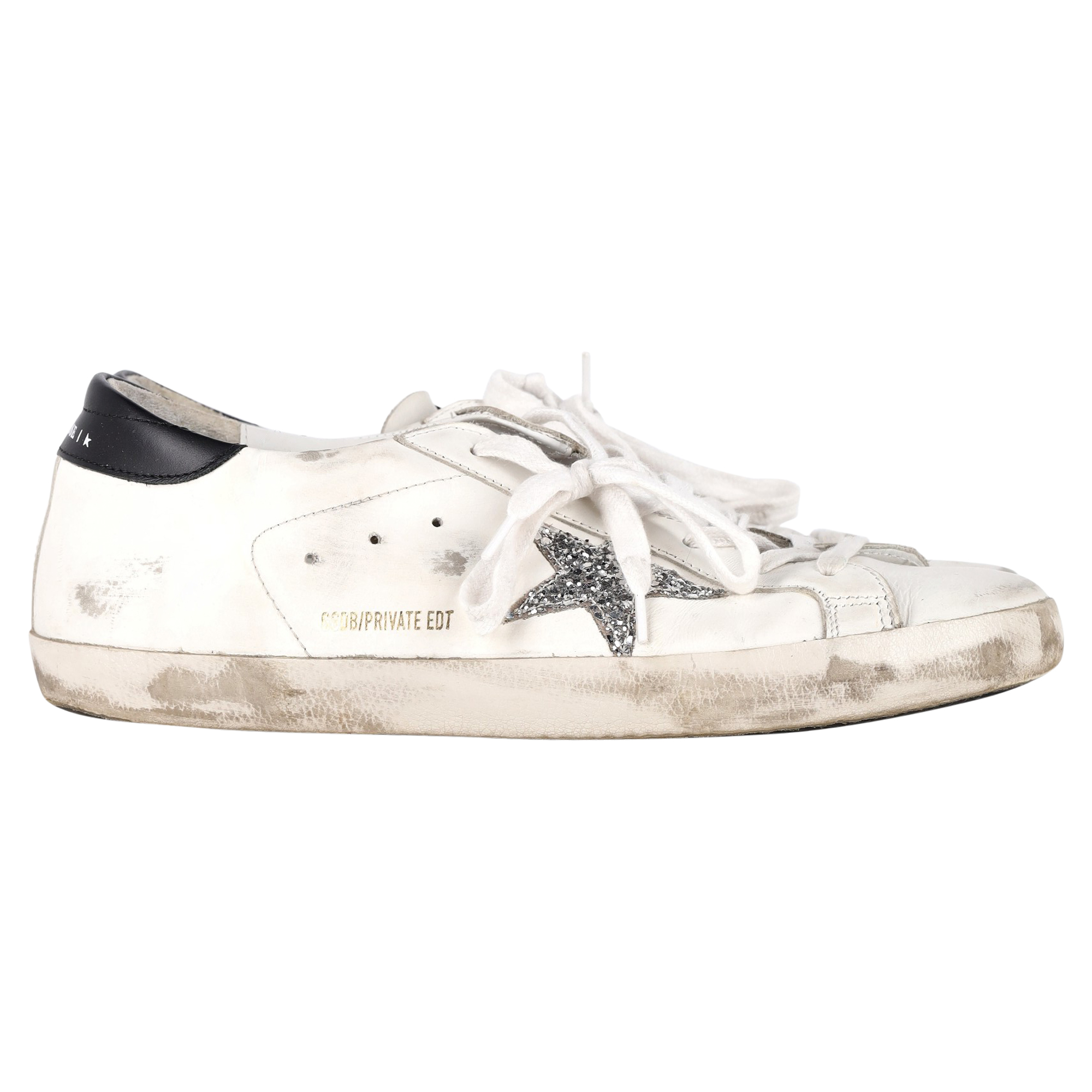 Preowned Golden Goose White Leather Superstar Distressed Glittered Sneakers Size 42