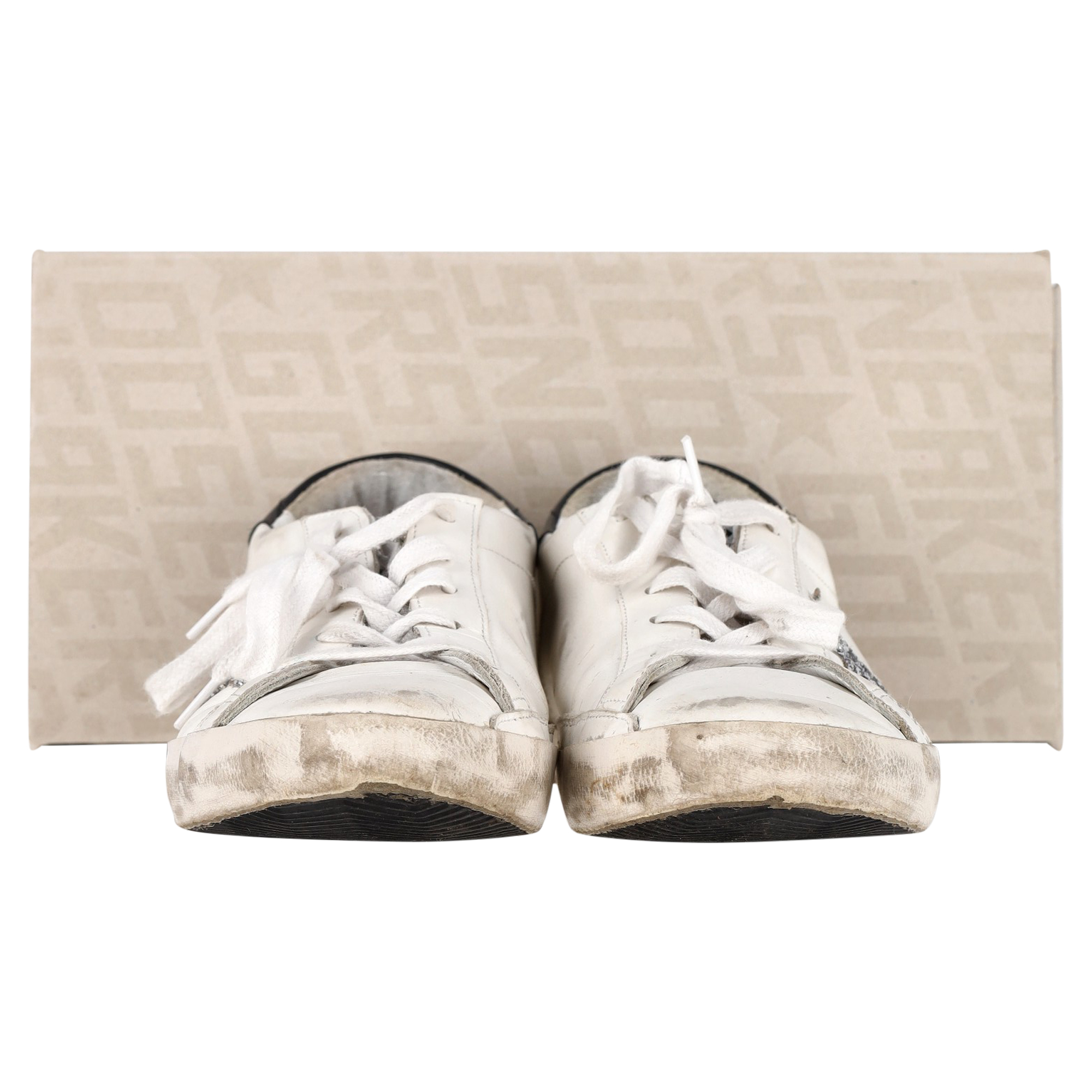 Preowned Golden Goose White Leather Superstar Distressed Glittered Sneakers Size 42