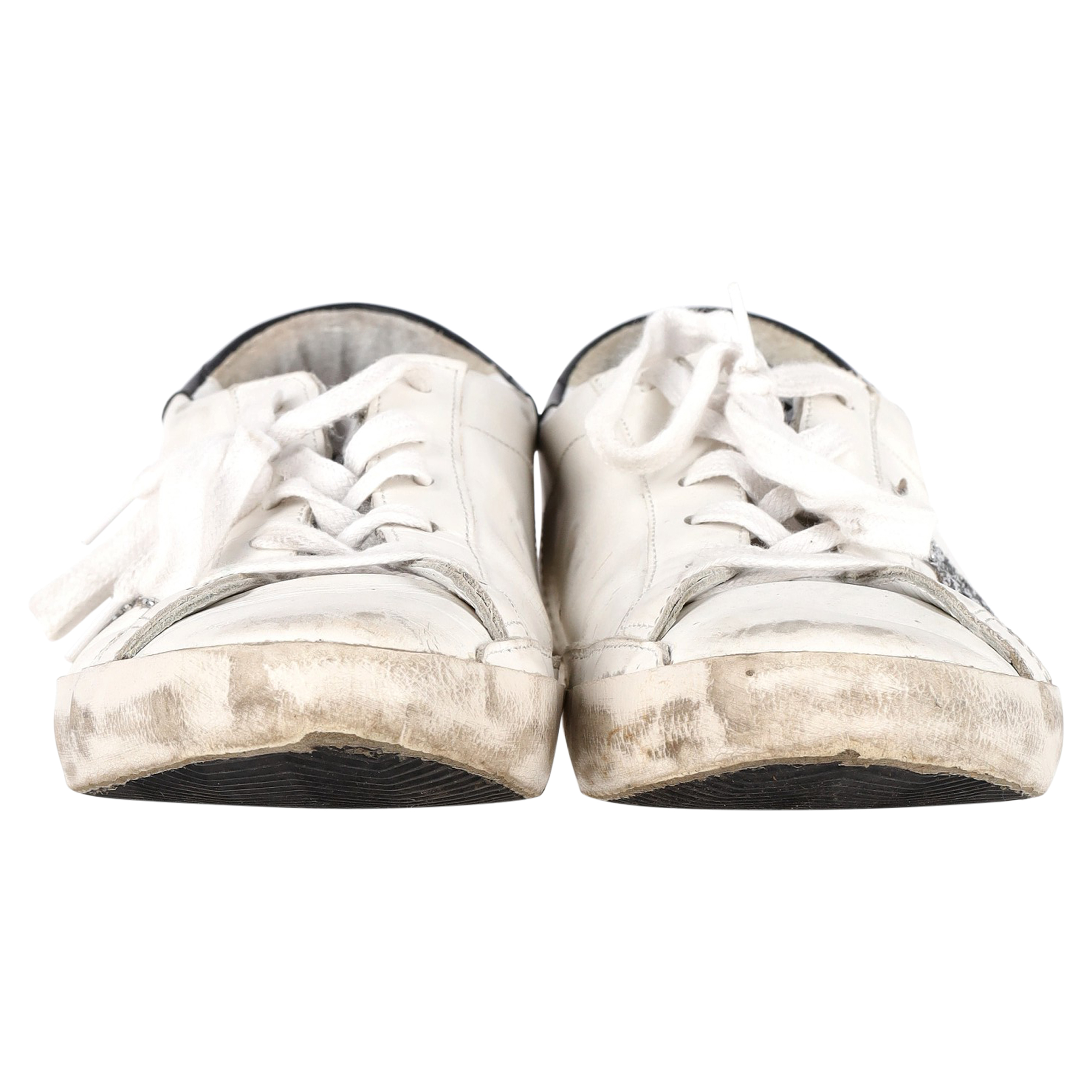 Preowned Golden Goose White Leather Superstar Distressed Glittered Sneakers Size 42