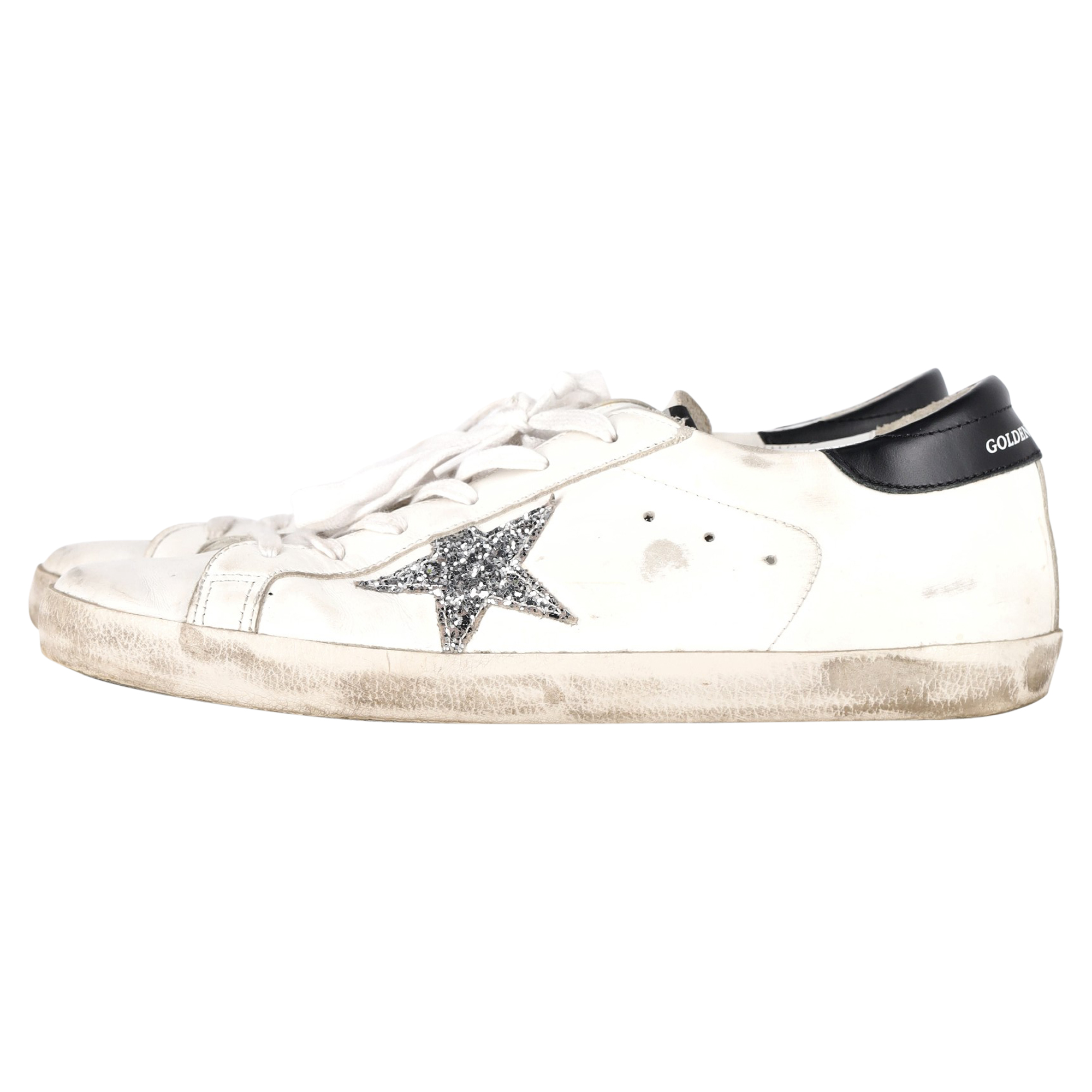 Preowned Golden Goose White Leather Superstar Distressed Glittered Sneakers Size 42