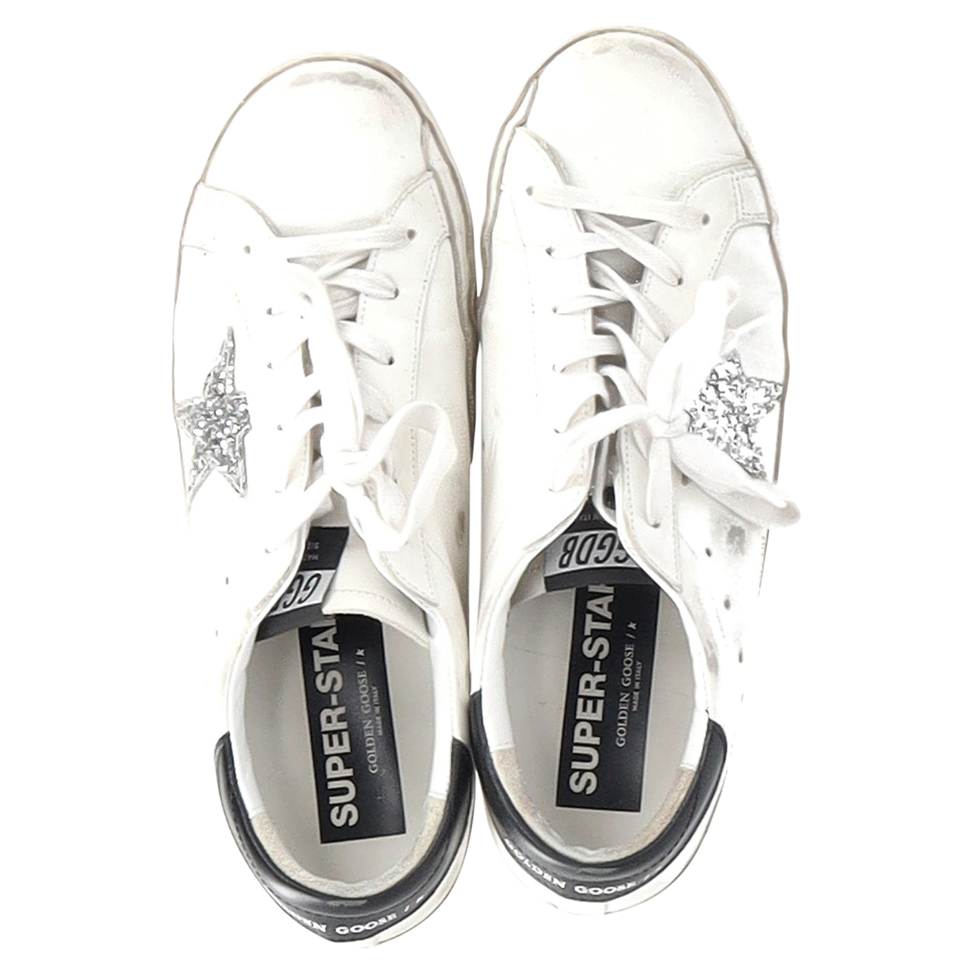 Preowned Golden Goose White Leather Superstar Distressed Glittered Sneakers Size 42