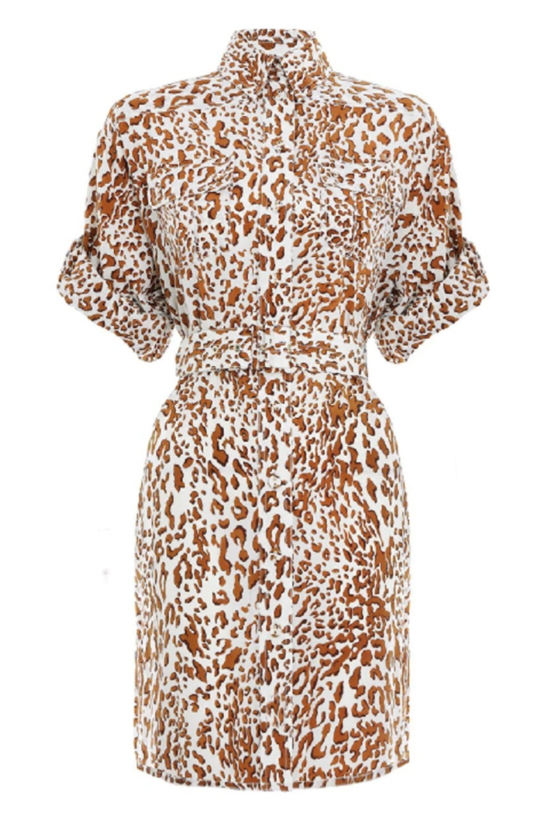 Preowned Zimmermann Animal Print Belted Utility Dress Size S Brown silk