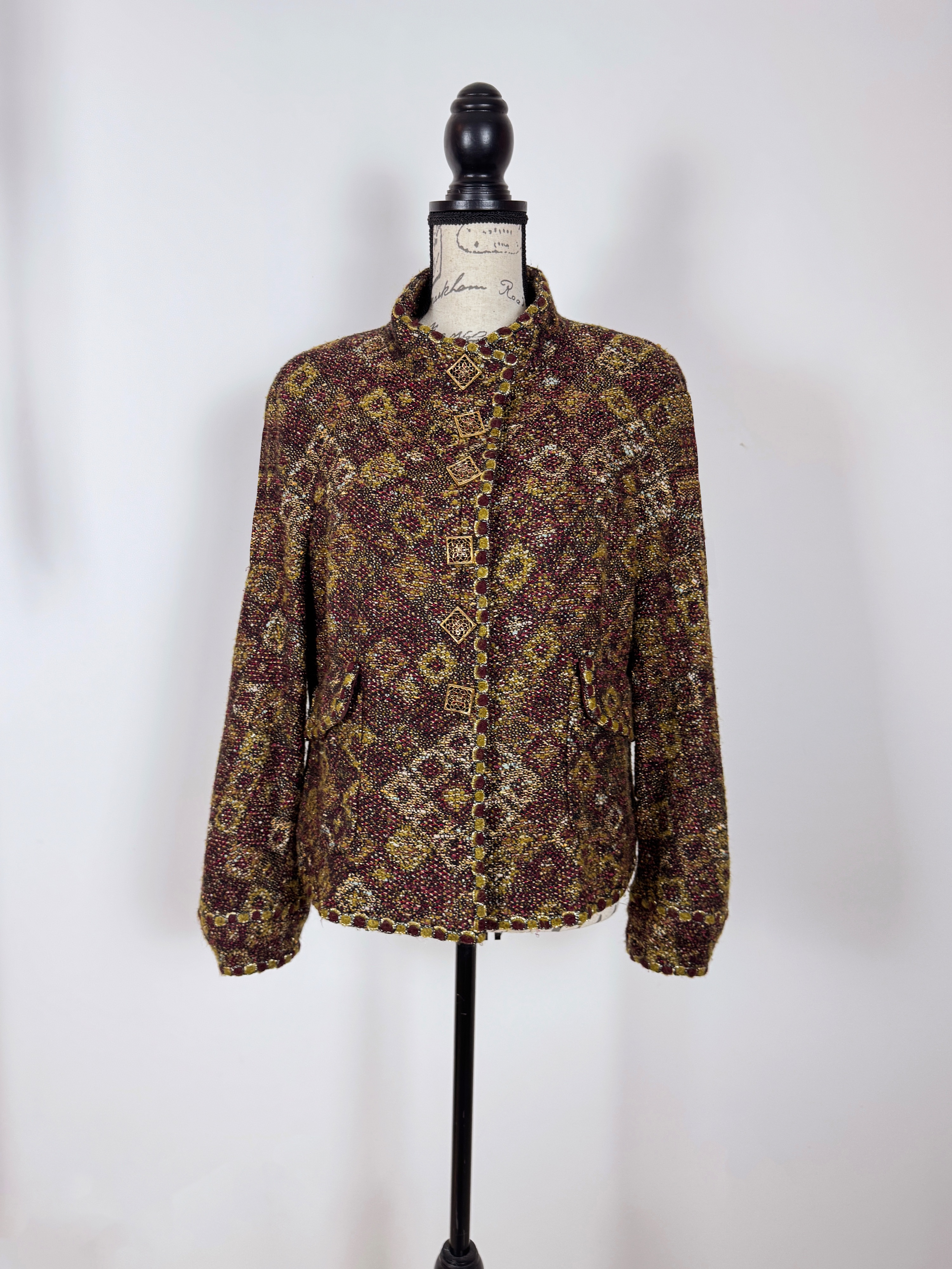 Chanel Brown Metallic Tweed Jacket with Gripoix Jewel  Buttons Size S burgundy