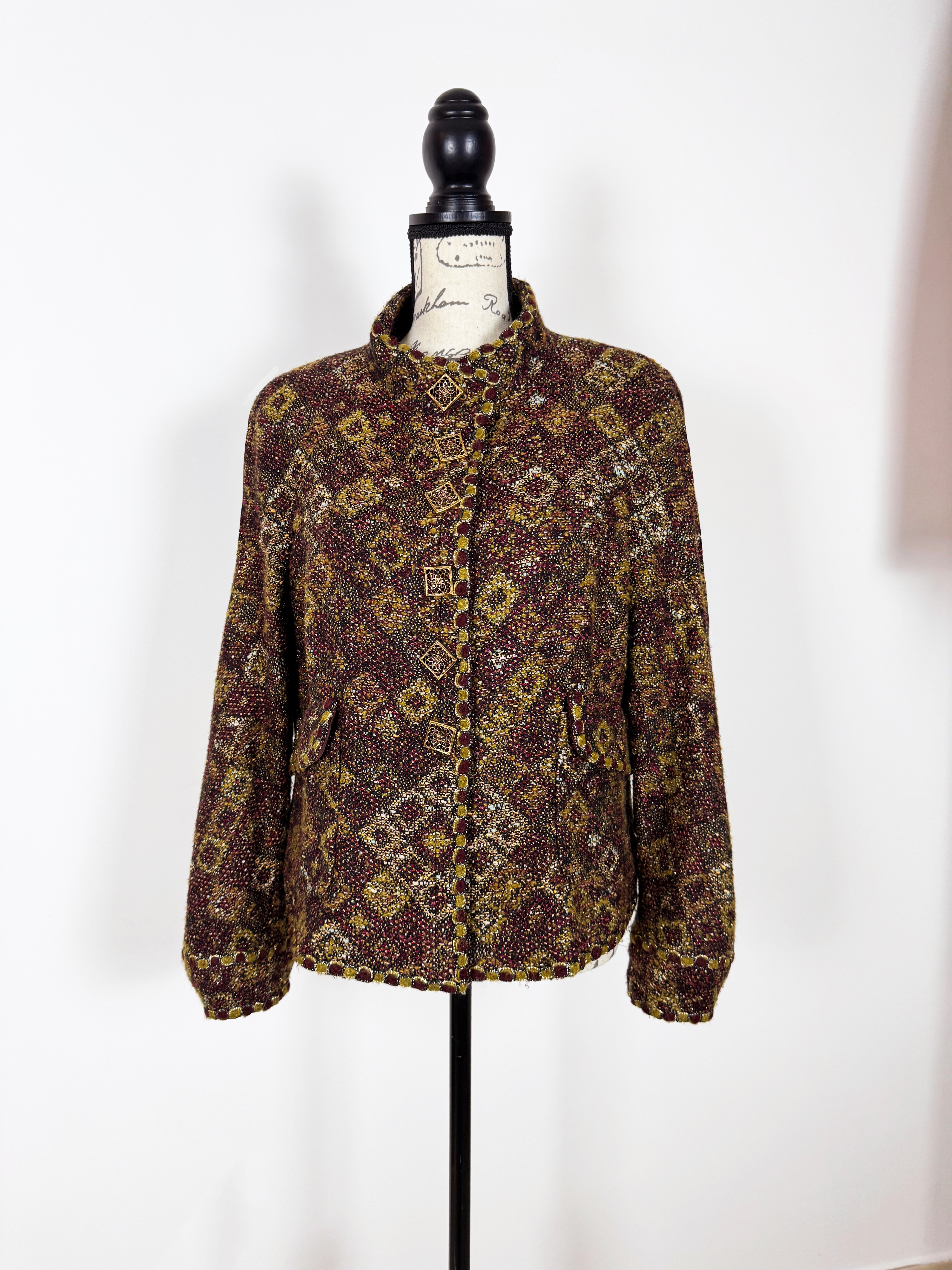 Chanel Brown Metallic Tweed Jacket with Gripoix Jewel  Buttons Size S burgundy