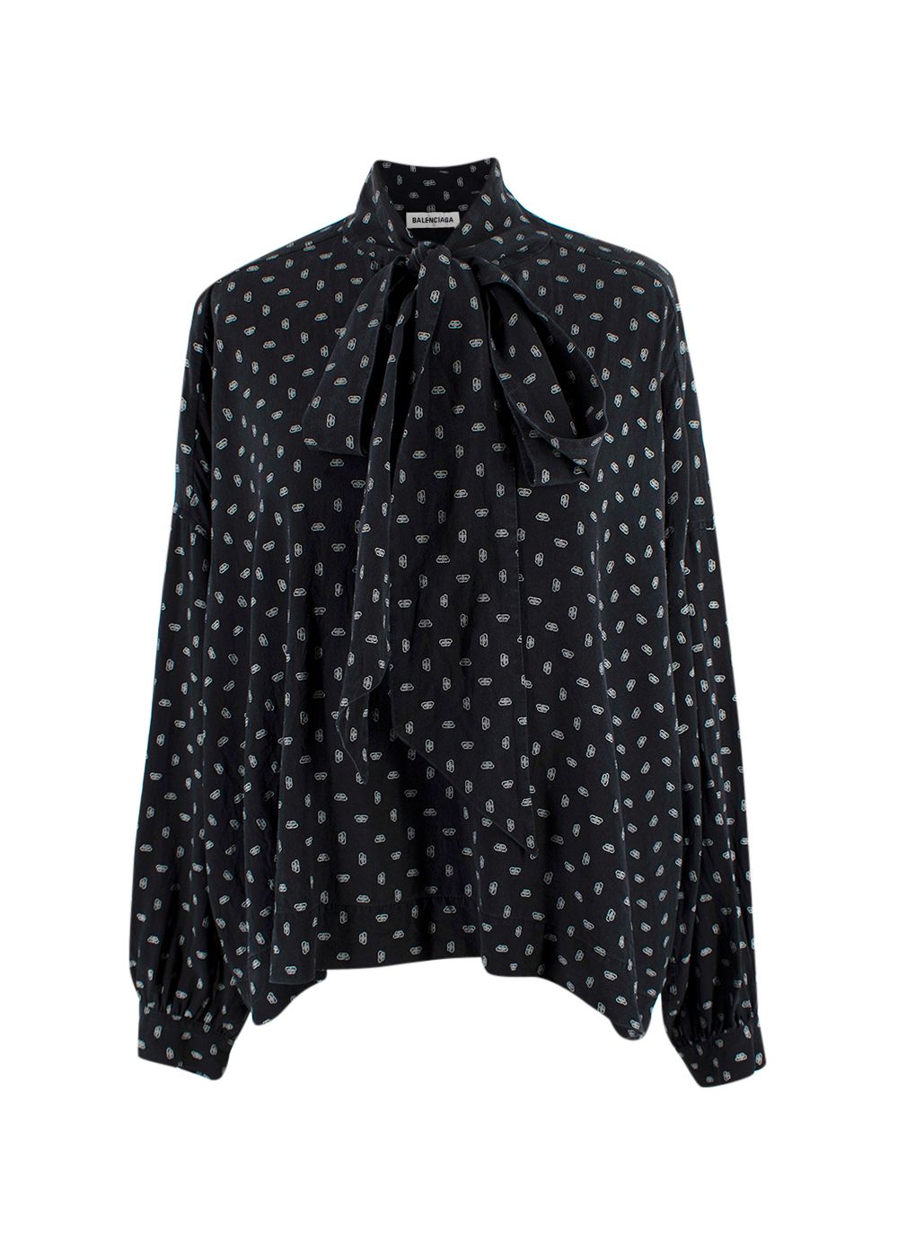 Preowned Balenciaga Black Monogram Silk Blouse Size M