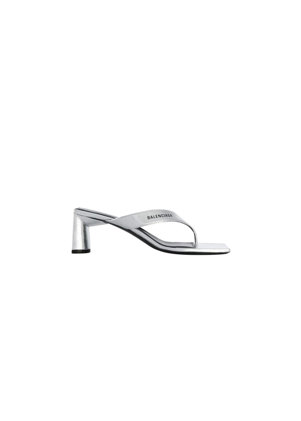 Balenciaga Metallic Silver Leather Square Toe Thong Heeled Sandals Size 37