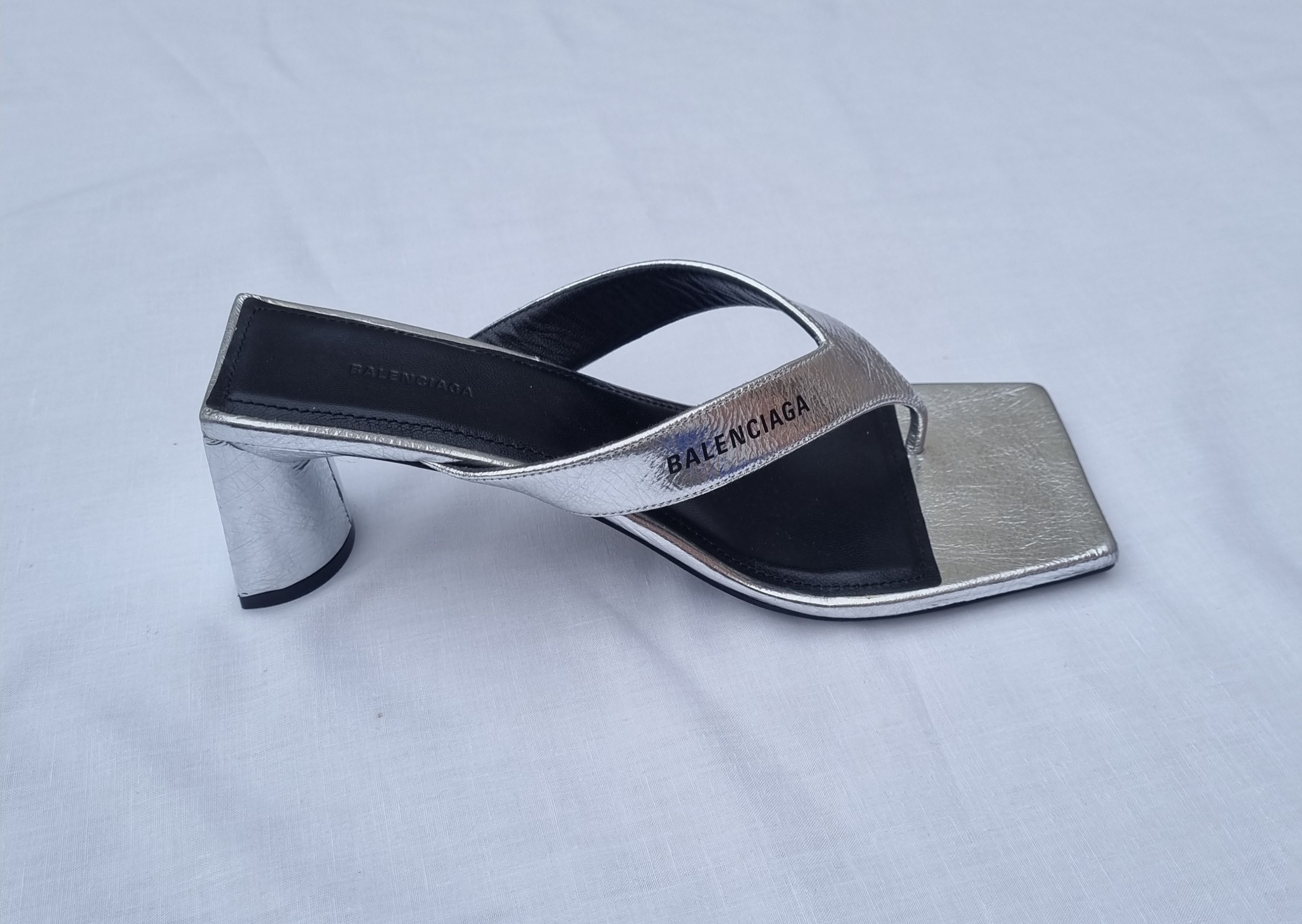 Balenciaga Metallic Silver Leather Square Toe Thong Heeled Sandals Size 37