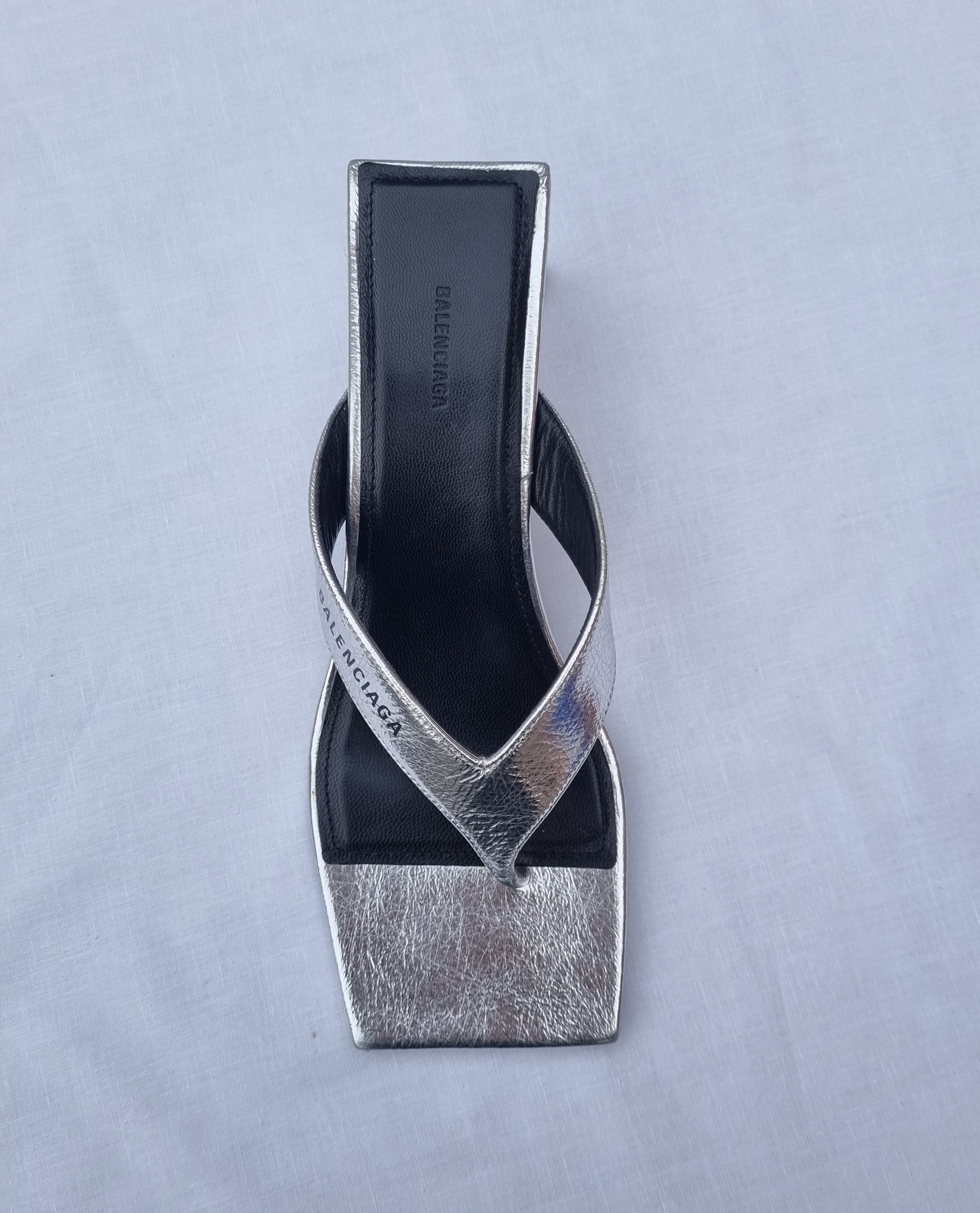 Balenciaga Metallic Silver Leather Square Toe Thong Heeled Sandals Size 37