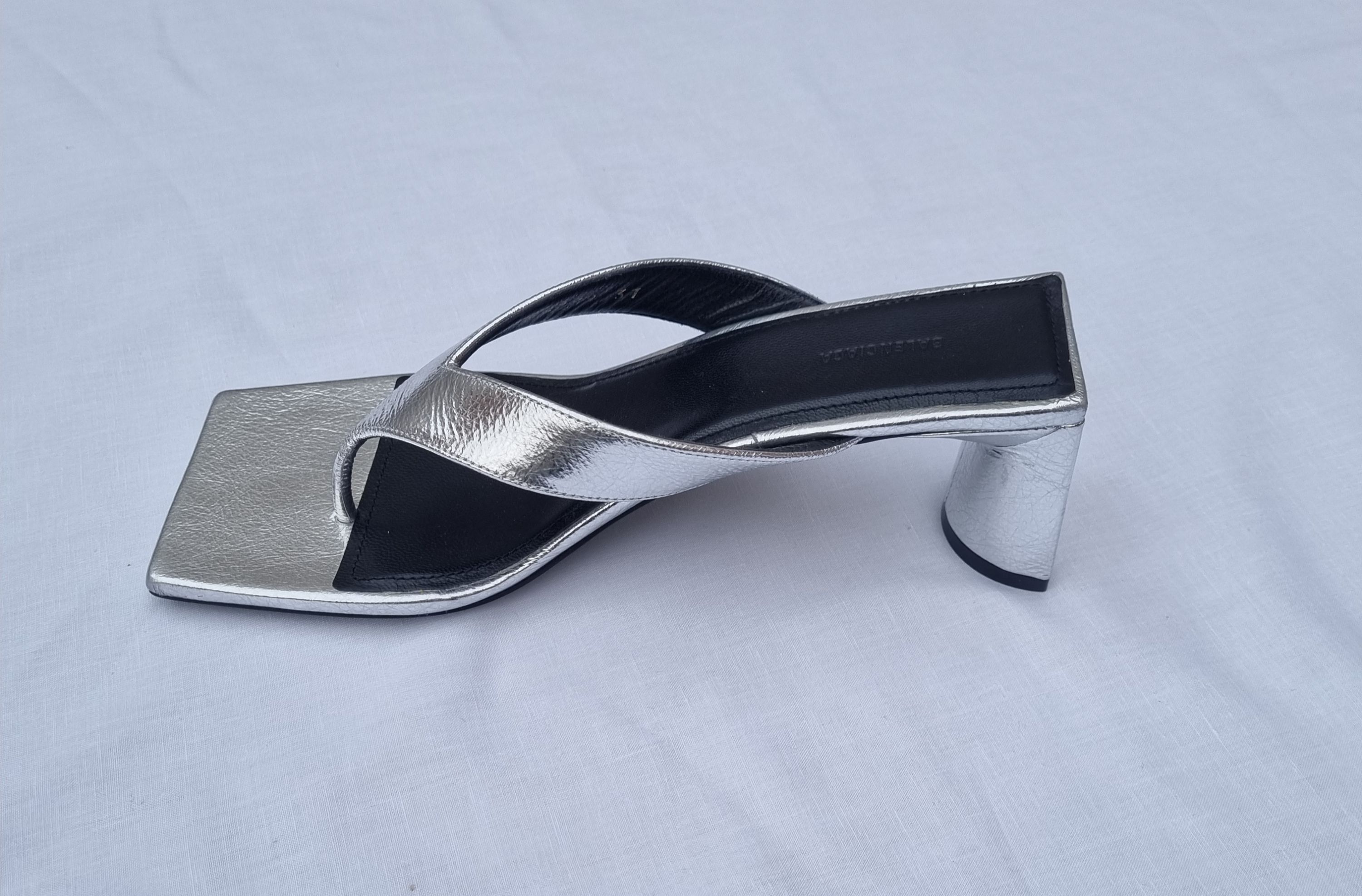 Balenciaga Metallic Silver Leather Square Toe Thong Heeled Sandals Size 37