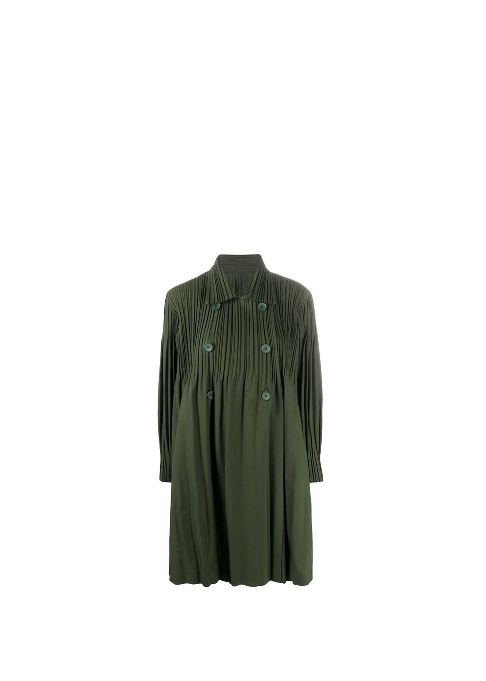 Pleats Please Khaki Double Breasted Pleated Coat Size XS Green polyester