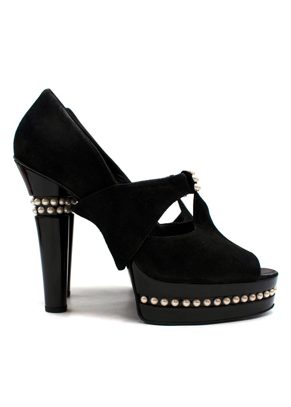 Preowned Chanel Faux Pearl Embellished Platform T-Strap Pumps Size 40 Black suede