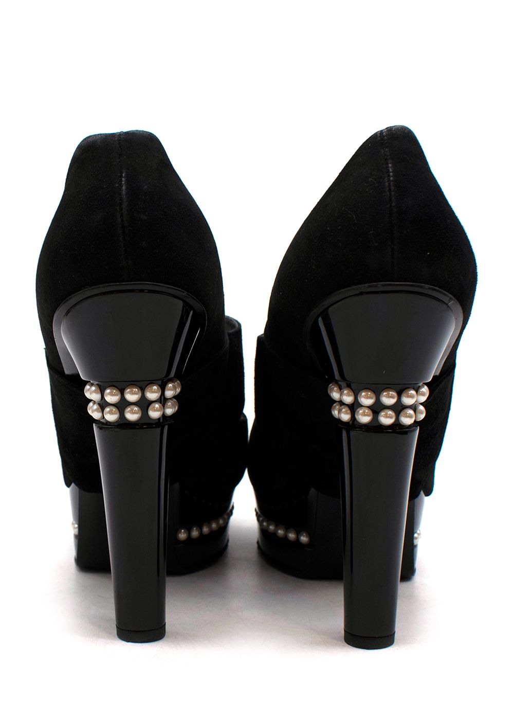 Preowned Chanel Faux Pearl Embellished Platform T-Strap Pumps Size 40 Black suede