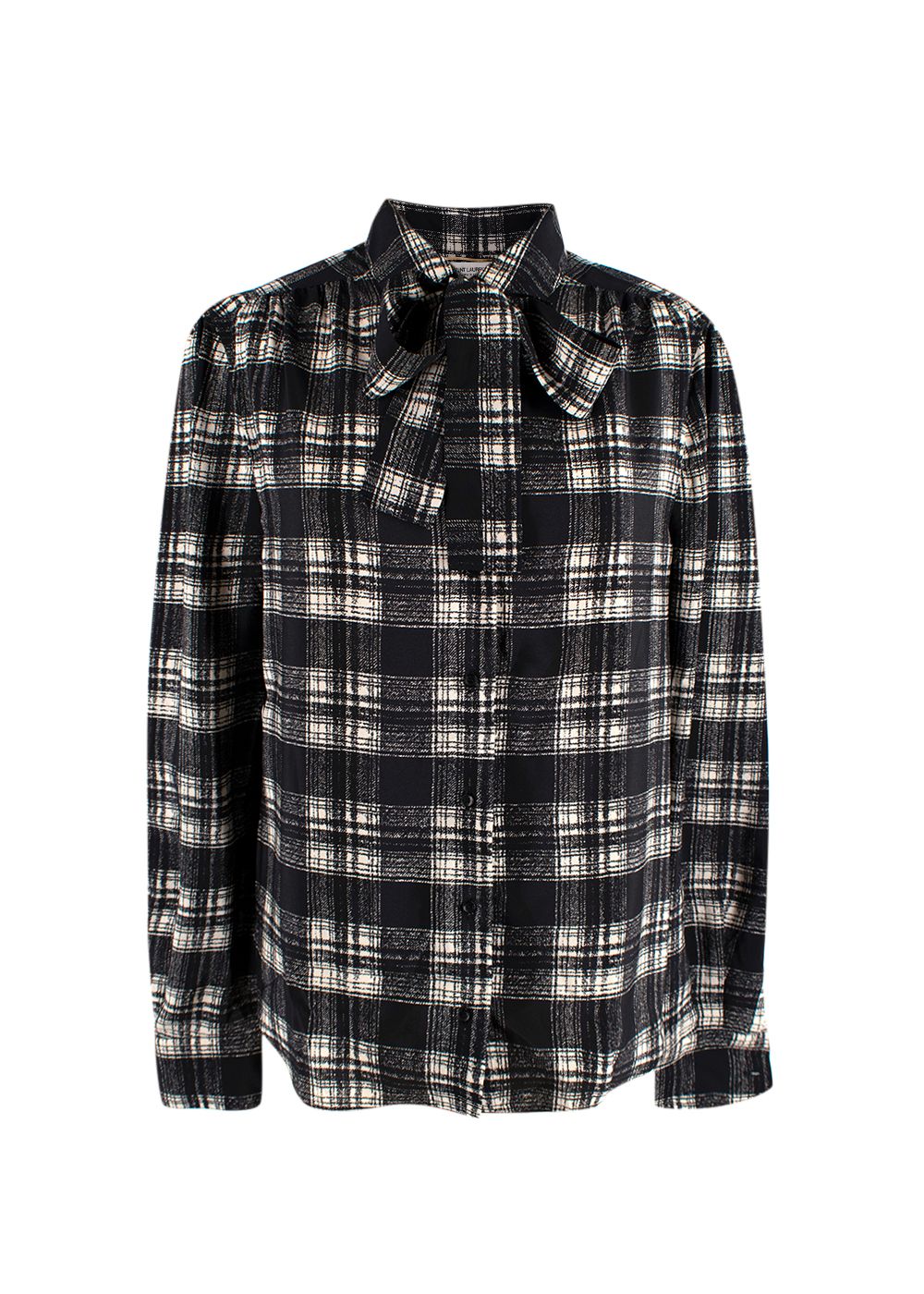 Saint Laurent Plaid Silk Bow Blouse Size L Black and cream