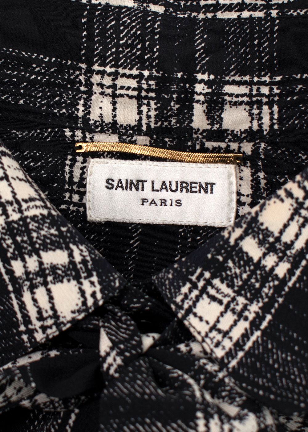 Saint Laurent Plaid Silk Bow Blouse Size L Black and cream