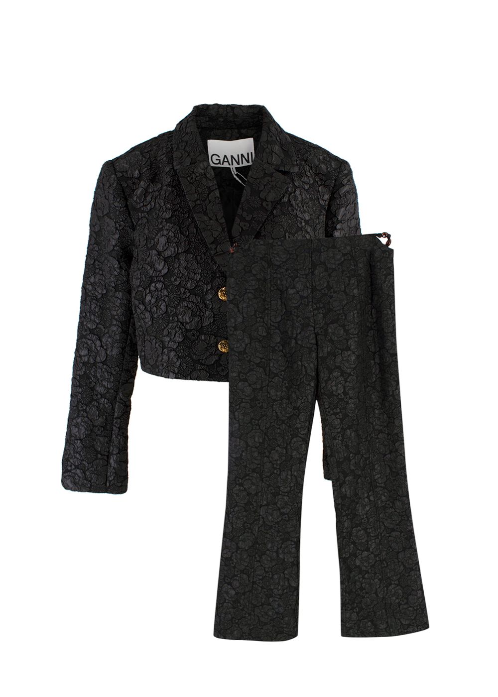 Ganni Stretch Jacquard Cropped Blazer  Flared Trousers Size XL Black polyester