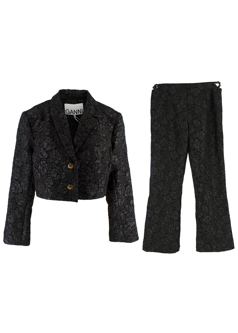 Ganni Stretch Jacquard Cropped Blazer  Flared Trousers Size XL Black polyester